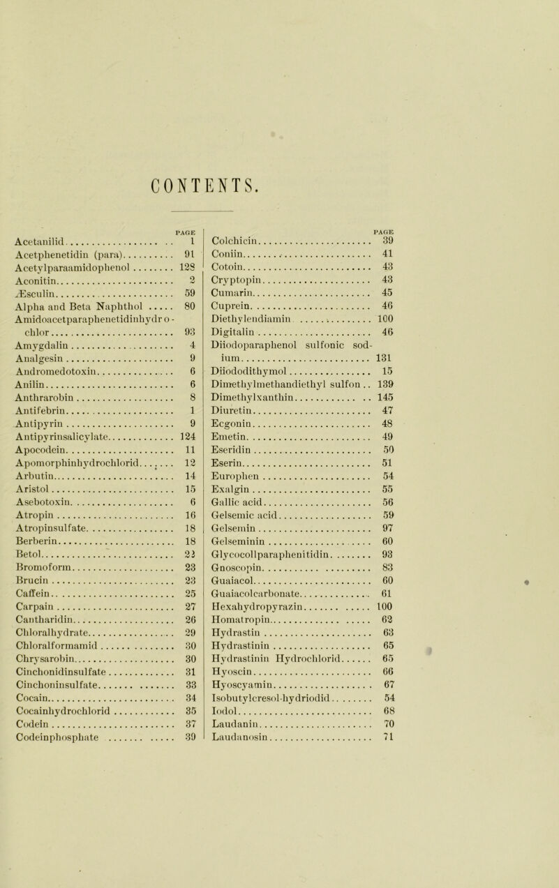 CONTENTS PAGE Acetanilid 1 Acetplienetidin (para) 91 Acetylparaamidophenol 128 Aconitin 2 JEsculin 59 Alpha and Beta Naphthol 80 Amidoacetparaphenetidinhydr o - chlor 93 Amygdalin 4 Analgesin 9 Andromedotoxin 6 Anilin 6 Anthrarobin 8 Antifebrin 1 Antipyrin 9 Antipyrinsalicylate 124 Apocodein 11 Apomorphinhydrochlorid....... 12 Arbutin 14 Aristol 15 Asebotoxin 6 Atropin 16 Atropinsulfate 18 Berberin 18 Betol 21 Bromoform 23 Brucin 23 Callein 25 Carpain 27 Cantharidin 26 Chloralhydrate 29 Chloralformamid 30 Chrysarobin 30 Cinchonidinsulfate 31 Cinchoninsulfate 33 Cocain 34 Cocainhydrochlorid 35 Codein 37 Codein phosphate 39 PAGE Colchicin 39 Coniin 41 Cotoin 43 Cryptopin 43 Cumarin 45 Cuprein .... 46 Diethvlendiamin 100 Digitalin 46 Diiodoparaplienol sulfonic sod- ium 131 Diiododithymol 15 Dimethylmethandiethyl sulfon .. 139 Dimethylxantliin 145 Diuretin 47 Ecgonin 48 Emetin 49 Eseridin 50 Eserin 51 Europlien 54 Exalgin 55 Gallic acid 56 Gelsemic acid 59 Gelsemin 97 Gelseminin 60 Glycocollparaphenitidin 93 Gnoscopin 83 Guaiacol 60 Guaiacolcarbonate 61 Hexahydropyrazin 100 Homatropin 62 Hydrastin 63 Hydrastinin 65 Hydrastinin Hydrochlorid 65 Hyoscin 66 Hyoscyamiu 67 Isobutylcresol-hydriodid 54 Iodol 68 Laudanin 70 Laudanosin 71