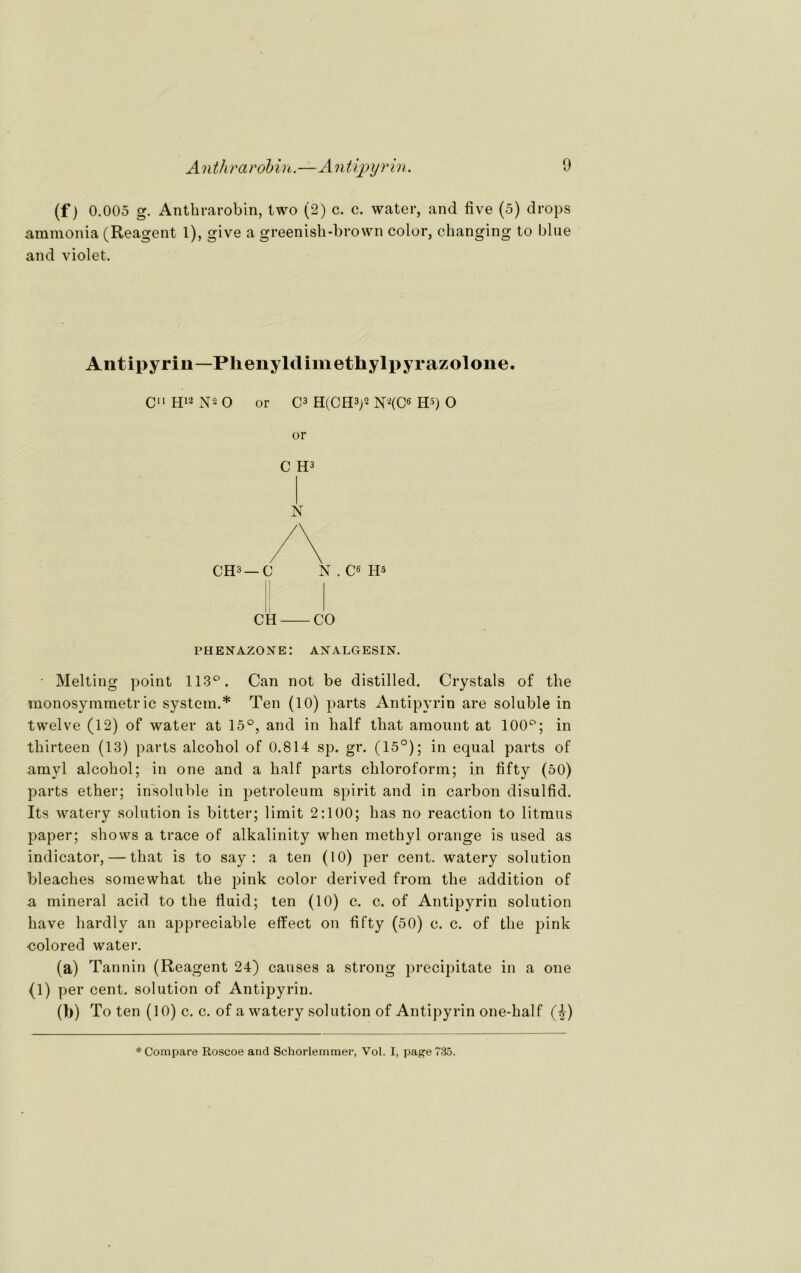 (f) 0.005 g. Anthrarobin, two (2) c. c. water, and five (5) drops amraonia (Reagent 1), give a greenish-brovvn color, changing to blue and violet. Antipyrin—Phenyldimethylpyrazolone. Cii H12 N2 O or C3 H(CH3)2 N2(C3 H5) O or C H3 N \ CH3 —C N . C6 H5 CH CO PHENAZONE! ANALGESIN. • Melting point 113°. Can not be distilled. Crystals of the monosymmetr ic System.* Ten (10) parts Antipyrin are soluble in twelve (12) of water at 15°, and in half that amount at 100°; in thirteen (13) parts alcohol of 0.814 sp. gr. (15°); in equal parts of amyl alcohol; in one and a half parts Chloroform; in flfty (50) parts ether; insoluble in petroleum spirit and in carbon disulfid. Its watery solution is bitter; limit 2:100; has no reaction to litmus paper; shows a trace of alkalinity when methyl orange is used as indicator, — that is to say : a ten (10) per cent. watery solution bleaches somewhat the pink color derived from the addition of a mineral acid to the fluid; ten (10) c. c. of Antipyrin solution have hardly an appreciable effect on flfty (50) c. c. of the pink colored water. (a) Tannin (Reagent 24) causes a strong precipitate in a one (1) per cent. solution of Antipyrin. (b) To ten (10) c. c. of a watery solution of Antipyrin one-half (J) * Compare Roscoe and Schorlemmer, Vol. I, page735.