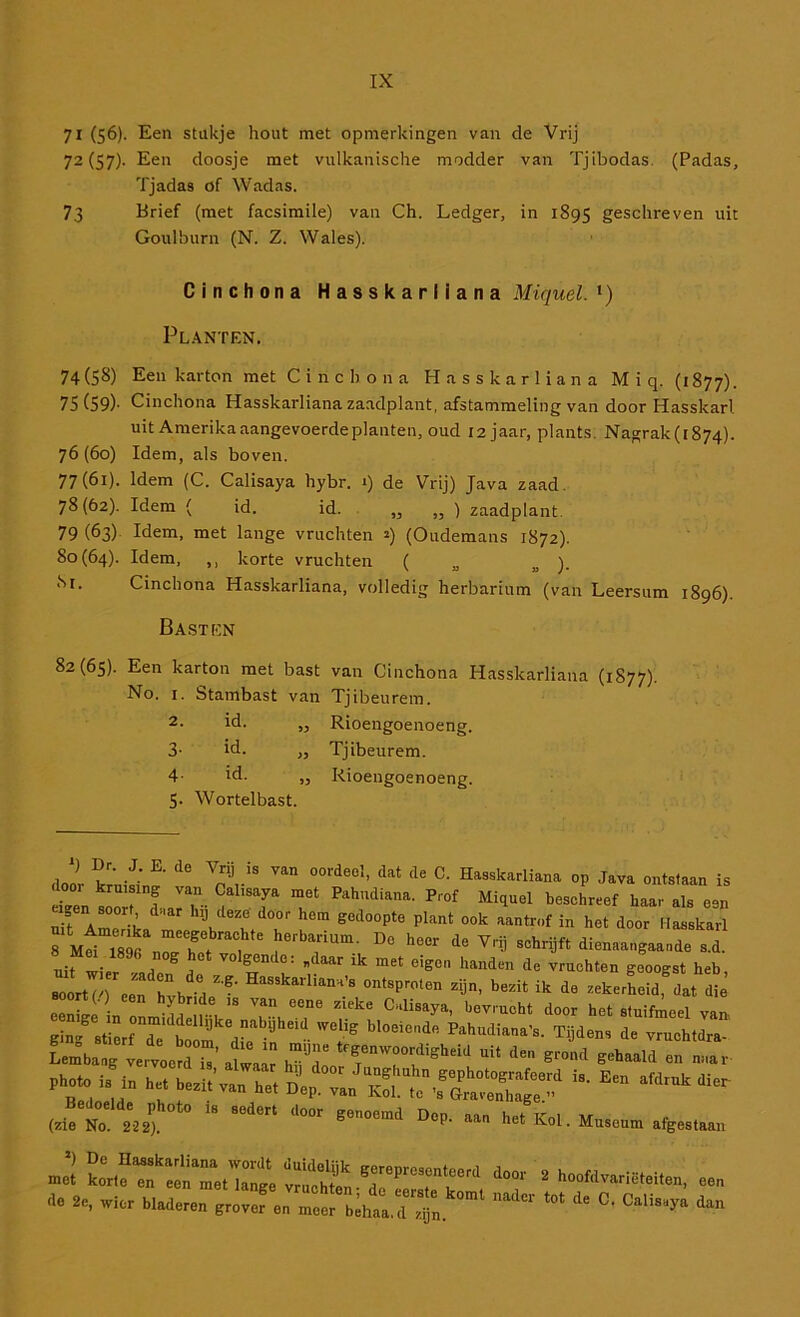 71 (56). Een stukje hout met opmerkingen van de Vrij 72(57). Een doosje met vulkanische modder van Tjibodas. (Padas, Tjadas of Wadas. 73 Brief (met facsimile) van Ch. Ledger, in 1895 geschreven uit Goulbiirn (N. Z. Wales). Cinchona Hasskarliana Miquel. ‘) Pl.\nten. 74(58) Een karton met Cinchona Hasskarliana Miq. (1877). 75 (59)- Cinchona Hasskarliana zaadplant, afstammeling van door Hasskarl uit Amerika aangevoerde planten, oud I2jaar, plants. Nagrak(i874). 76(60) Idem, als boven. 77(61). Idem (C. Callsaya hybr. 1) de Vrij) Java zaad. 78(62). Idem ( id. id. „ „ ) zaadplant. 79 (63) Idem, met lange vruchten ») (Oudemans 1872). 80(64). Idem, ,, korte vruchten ( „ „ ). •Sr. Cinchona Hasskarliana, volledig herbarium (van Leersum 1896). Basten 82(65). Een karton met bast van Cinchona Hasskarliana (1877). No. I. Stambast van Tjibeurem. 2- ld. ,, Rioengoenoeng. 3- id. ,, Tjibeurem. 4- id. „ Rioengoenoeng. 5- Wortelbast. door k min!’ oV Hasskarliana op Java ontstaan is Ï° ! f Pahndiana. Prof Miquel beschreef haar als een uit Amc b \ het door Hasskarl rMti lsÏ^rrt , dienaangaande s.d uit wier ^ A daar ik met eigen handen de vruchten geoogst heb, soort fO een h^h M Hasskarliana’s ontsproten zijn, bezit ik de zekerheid, dat die eS in onm Ïlrb door het stuifmeel van ginl st if Te ïi •’ V Pahudiana's. Tijdens de vruchtdra- Lm°bang IrvoeÏr”’ ataw h”‘T ^heid uit den grond gehaald en nnar .1.w„ H*,.. -•»