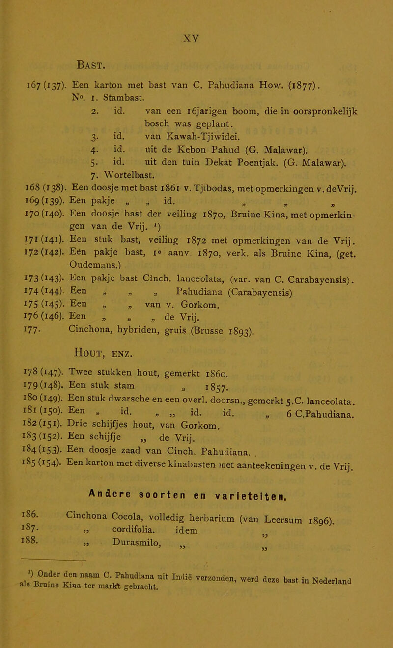 Bast. 167(137). Een karton met bast van C. Pahudiana Hovv. (1877). N«. I. Stambast. 2. id. van een i6jarigen boom, die in oorspronkelijk bosch was geplant. 3- id. van Kawah-Tjiwidei. 4- id. uit de Kebon Pahud (G. Malawar). 5- id. uit den tuin Dekat Poentjak. (G. Malawar). 7. Wortelbast. 168(138). Een doosje rnet bast 1861 v. Tjibodas, met opmerkingen v.deVrij. '69(139). Een pakje „ „ id. 170(140). Een doosje bast der veiling 1870, Bruine Kina, met opmerkin- gen van de Vrij. ') '7'('4')- Een stuk bast, veiling 1872 met opmerkingen van de Vrij. 172(142). Een pakje bast, i» aanv. 1870, verk. als Bruine Kina, (get. Oudemans.) 173 ('43)' Een pakje bast Cinch. lanceolata, (var. van C. Carabayensis). '74(144)' Een „ „ „ Pahudiana (Carabayensis) '75 ('45). Een „ „ van v. Gorkom. 176(146). Een „ „ „ de Vrij. 177. Cinchona, hybriden, gruis (Brusse 1893). Hout, enz. '78(147). Twee stukken hout, gemerkt 1860. 179(148). Een stuk stam „ 1857. 180(149). Een stuk dwarsche en een overl. doorsn., gemerkt 5.C. lanceolata. 181(150). Een „ id. , „ id. id. „ 6 C.Pahudiana. '82(151). Drie schijfjes hout, van Gorkom. '83(152). Een schijfje „ de Vrij. '84('53). Een doosje zaad van Cinch. Pahudiana. '85 ('54). Een karton met diverse kinabasten met aanteekeningen v. de Vrij. 186. 187. 188. Andere soorten en variëteiten. Cinchona Cocola, volledig herbarium (van Leersum 1896). „ cordifolia. idem 93 Durasinilo, ') Onder den naam C. Pahudiana uit Inrtië verzonden, werd deze als Bruine Kina ter markt gebracht. bast iu Nederland