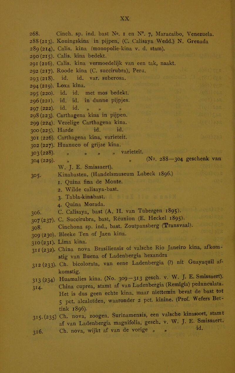 268. Cinch. sp. ind. bast N». i en N®. 7, Maracaibo, Venezuela. 288(213). Koningskina in pijpen, (C. Calisaya Wedd.) N. Grenada 289(214), Galis, kina (monopolie-kina v. d. stam). 290(215). Galis, kina bedekt. 291 (216). Galis, kina vermoedelijk van een tak, naakt. 292 (217). Roode kina (G. succirubra), Peru. 293(218). id. id. var. suberosa. 294(219). Loxa kina. 29S (220). id. id. met mos bedekt. 296(221). id. id. in dunne pijpjes. 297 (222). id. id. „ „ » 298(223). Garthagena kina in pijpen. 299 (224). Vezelige Garthagena kina. 300(225). Harde id. id. 301 (226). Garthagena kina, variëteit. 302 (227). Huanuco of grijze kina. 303 (228). „ , . « variëteit. 304(229). » » (No. 288—304 geschenk van 305. 306. 307 (237). 3Q8. 309 (230). 310(231). 31 i (232). 312 (233) 313 (234) 314. W. J. E. Smissaert). Kinabasten. (Handelsmuseum Lubeck 1896.) 1. Quina fina de Monte. 2. Wilde calisaya-bast. 3. Tabla-kinabast. 4. Quina Morada. G. Galisaya, bast (A. H. van Tubergen 1895). G. Succirubra, bast, Réunion (E. Heckel 1895). Ginchona sp. ind., bast. Zoutpansberg (Transvaal). Bleeke Ten of Jaen kina. Lima kina. Ghina nova Brasiliensis of valsche Rio Janeiro kina, afkom- stig van Buena of Ladenbergia hexandra Gh. bicolorata, van eene Ladenbergia (?) nit Guayaquil af- komstig. Huamalies kina. (No. 309-313 gesch. v. W. J. E. Smissaert). Ghina cuprea, stamt af van Ladenbergia (Remigia) pedunculata. Het is dus geen echte kina, maar niettemin bevat de bast tot 5 pet. alcaloïden, waaronder 2 pet. kinine. (Prof. Wefers Bet- tink 1896). 315. (235) Gh. nova, zoogen. Surinamensis, een valsche kinasoort, stamt af van Ladenbergia magnifolia, gesch. v. W. J. E. Smissaert. 316. Gh. nova, wijkt af van de vorige „ , ‘‘l-