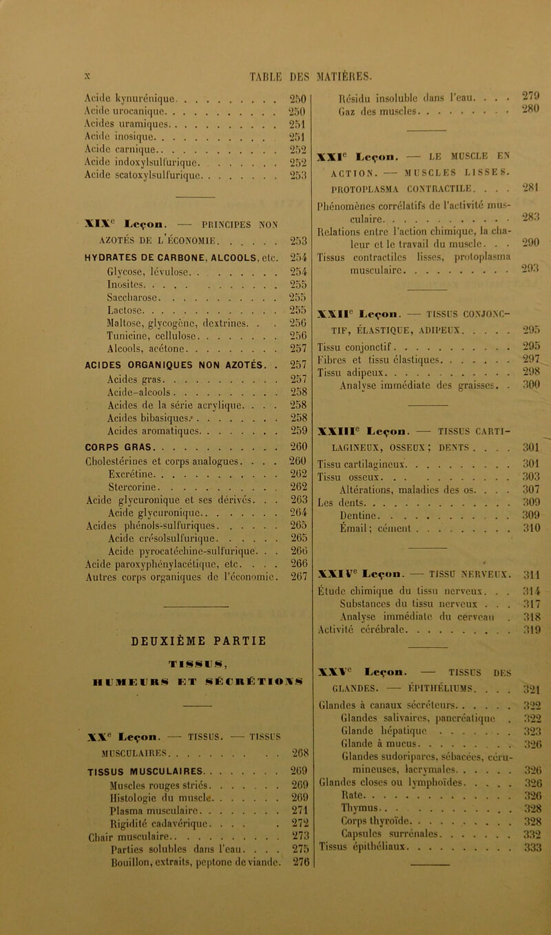 Acide kynurénique 2r)0 Acide urocanique 250 Acides uramiques 251 Acide inosiquc 251 Acide carnique 252 Acide indoxylsulCui'iquc. 252 Acide scatoxylsuH'urique 255 XIX® Leçon. — PIIINCIPES NON AZOTÉS DE l’économie 253 HYDRATES DE CARBONE, ALCOOLS, elc. 254 Glycose, lévulose 254 inosites 255 Saccharose 255 Lactose 255 Maltose, glycogène, dextrines. . . 25G Tunicine, cellulose 256 Alcools, acétone 257 ACIDES ORGANIQUES NON AZOTÉS. . 257 Acides gras 257 Acide-alcools 258 Acides de la série acrylique. . . . 258 Acides bibasiques.* 258 Acides aromatiques 259 CORPS GRAS 260 Cholestérines et corps analogues.... 260 Excrétine 262 Stercorine 262 Acide glycuronique et ses dérivés. . . 263 Acide glycuronique 264 Acides phénols-sulfuriques 265 Acide crésolsull'urique 265 Acide pyrocatéchine-sullurique. . . 266 Acide paroxyphénylacélique, etc. . . . 266 Autres corps organiques de l’économie. 267 DEUXIÈME PARTIE TI§I§I1J§I, KT §IÉCnÉTIOI%'§l XX® Leçon. — TISSUS. — TISSUS MUSCULAIRES 268 TISSUS MUSCULAIRES 269 Muscles rouges striés 269 Histologie du muscle 269 Plasma musculaire 271 Rigidité cadavérique. ... . 272 Chair musculaire 273 Parties solubles dans l’eau. . . . 275 Bouillon, extraits, peptone de viande. 276 Résidu insoluble dans l’eau. . . • 279 Gaz des muscles 280 XXI® Leçon. — LE MUSCLE EN ACTION. MUSCLES LISSES. PKOTOPLASMA CONTRACTILE. ... 281 Phénomènes corrélatifs de l’activité mus- culaire 28.1 Relations entre l’action chimique, la cha- leur et le travail du muscle. . . 290 Tissus contractiles lisses, protoplasma musculaire 293 XXII® Leçon. — TISSUS CONJONC- TIF, ÉLASTIQUE, ADIPEUX 295 Tissu conjonctif 295 Fibres et tissu élastiques 297 Tissu adipeux 298 Analyse immédiate des graisses. . 300 XXIII® Leçon, TISSUS CARTI- LAGINEUX, osseux; dents. ... 301 Tissu cartilagineux 301 Tissu osseux 303 Altérations, maladies des os. . . . 307 Les dents 309 Dentine 309 Émail; cément 310 XXIV® Leçon. — TISSU NERVEUX. 311 Étude chimique du tissu nerveux. . . 314 Substances du tissu nerveux ... 317 Analyse immédiate du cerveau . 318 Activité cérébrale 319 XXX® Leçon. — TISSUS DES GL.VNDES. ÉPITHÉLIUMS. ... 321 Glandes à canaux sécréteurs 322 Glandes salivaires, pancréatique . 322 Glande hépatique 323 Glande à mucus 326 Glandes sudoriparcs, sébacées, céru- mineuscs, lacrymales .326 Glandes closes ou lymphoïdes 326 Rate 326 Thymus . 328 Corps thyroïde 328 Capsules surrénales 3,32 Tissus épithéliaux 333