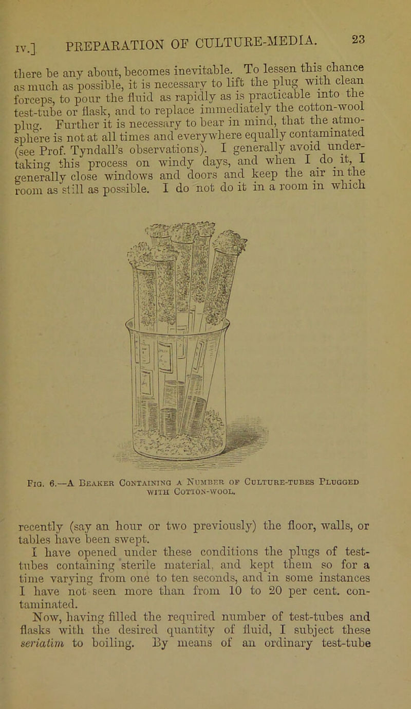 there be any about, becomes inevitable. To lessen this chance as inncli as possible, it is necessary to lift the plug with clean forceps, to pour the fluid as rapidly as is practicable mto the test-tube or flask, and to replace immediately the cotton-wooi plug. Further it is necessary to bear in mind, that the atmo- sphere is not at all times and everywhere equally conta,minated (see Prof. Tyndall’s observations). I generally avoid under- taking this process on windy days, and when I _do^ it, I generally close windows and doors and keep the a,ir in the room as still as possible. I do not do it in a room in which Fia. 6.—A Beaker Containing a Number of Culture-tubes Plugged WITH Cotton-wool. recently (say an hour or two previously) the floor, walls, or tables have been swept. I have opened under these conditions the plugs of test- tubes containing sterile material, and kept them so for a time varying from one to ten seconds, and in some instances 1 have not seen more than from 10 to 20 per cent, con- taminated. Now, having filled the required number of test-tubes and flasks with the desired quantity of fluid, I subject these seriatim to boiling. By means of an ordinary test-tube