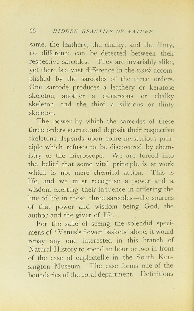 same, the leathery, the chalky, and the flinty, no difference can be detected between their respective sarcodes. They are invariably alike, yet there is a vast difference in the work accom- plished by the sarcodes of the three orders. One sarcode produces a leathery or keratose skeleton, another a calcareous or chalky skeleton, and the third a silicious or flinty skeleton. The power by which the sarcodes of these three orders secrete and deposit their respective skeletons depends upon some mysterious prin- ciple which refuses to be discovered by chem- istry or the microscope. We are forced into the belief that some vital principle is at work which is not mere chemical action. This is life, and we must recognise a power and a wisdom exerting their influence in ordering the line of life in these three sarcodes—the sources of that power and wisdom being God, the author and the giver of life. For the sake of seeing the splendid speci- mens of ‘ Venus’s flower baskets’ alone, it would repay any one interested in this branch of Natural History to spend an hour or two in front of the case of euplectellae in the South Ken- sington Museum. The case forms one of the boundaries of the coral department. Definitions