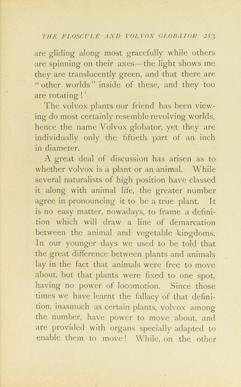 are gliding along most gracefully while others are spinning on their axes—the light shows me they are translucently green, and that there are “other worlds” inside of these, and they too are rotating ! ’ The volvox plants our friend has been view- ing do most certainly resemble revolving worlds, hence the name Volvox globator, yet they are individually only the fiftieth part of an inch in diameter. A great deal of discussion has arisen as to whether volvox is a plant or an animal. While several naturalists of high position have classed it along with animal life, the greater number agree in pronouncing it to be a true plant. It is no easy matter, nowadays, to frame a defini- tion which will draw a line of demarcation between the animal and vegetable kingdoms. In our younger days we used to be told that the great difference between plants and animals lay in the fact that animals were free to move about, but that plants were fixed to one spot, having no power of locomotion. Since those times we have learnt the fallacy of that defini- tion, inasmuch as certain plants, volvox among the number, have power to move about, and are provided with organs specially adapted to enable them to move! While, on the other