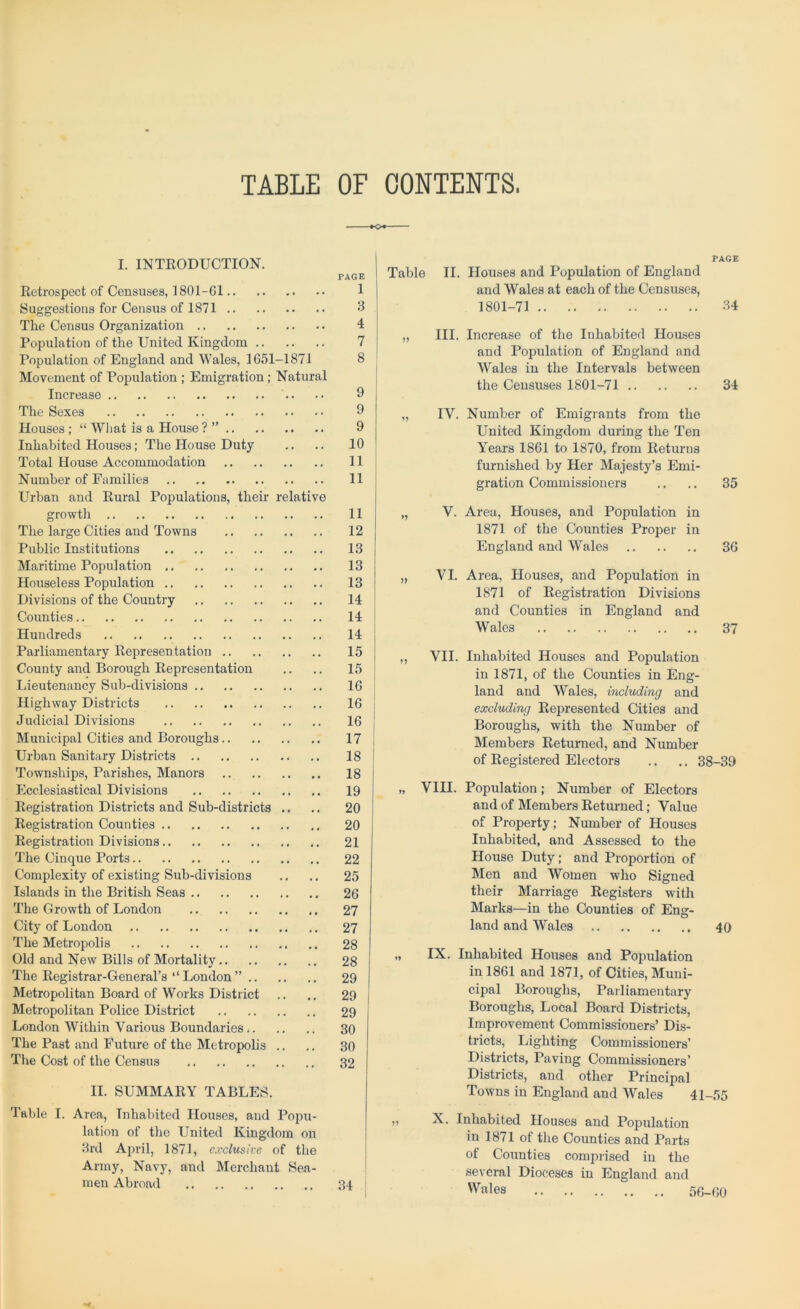 TABLE OF CONTENTS. I. INTRODUCTION. Retrospect of Censuses, 1801-61 Suggestions for Census of 1871 The Census Organization Population of the United Kingdom Population of England and Wales, 1651-1871 Movement of Population ; Emigration; Natural Increase The Sexes Houses ; “ What is a House ? ” Inhabited Houses; The House Duty- Total House Accommodation Number of Families Urban and Rural Populations, their relative growth The large Cities and Towns Public Institutions Maritime Population Houseless Population Divisions of the Country Counties Hundreds Parliamentary Representation County and Borough Representation Lieutenancy Sub-divisions Highway Districts Judicial Divisions Municipal Cities and Boroughs Urban Sanitary Districts Townships, Parishes, Manors Ecclesiastical Divisions Registration Districts and Sub-districts .. Registration Counties Registration Divisions The Cinque Ports Complexity of existing Sub-divisions Islands in the British Seas The Growth of London City of London The Metropolis Old and New Bills of Mortality The Registrar-General’s “ London ” Metropolitan Board of Works District Metropolitan Police District London Within Various Boundaries The Past and Future of the Metropolis The Cost of the Census II. SUMMARY TABLES. Table I. Area, Inhabited Houses, and Popu- lation of the United Kingdom on 3rd April, 1871, exclusive of the Army, Navy, and Merchant Sea- men Abroad +0+ PAGE Table II. Houses and Population of England and Wales at each of the Censuses, 1801-71 34 „ III. Increase of the Inhabited Houses and Population of England and Wales in the Intervals between the Censuses 1801-71 34 „ IV. Number of Emigrants from the United Kingdom during the Ten Years 1861 to 1870, from Returns furnished by Her Majesty’s Emi- gration Commissioners .. .. 35 „ V. Area, Houses, and Population in 1871 of the Counties Proper in England and Wales 36 „ VI. Area, Houses, and Population in 1871 of Registration Divisions and Counties in England and Wales 37 ,, VII. Inhabited Houses and Population in 1871, of the Counties in Eng- land and Wales, including and excluding Represented Cities and Boroughs, with the Number of Members Returned, and Number of Registered Electors .. .. 38-39 „ VIII. Population; Number of Electors and of Members Returned; Value of Property; Number of Houses Inhabited, and Assessed to the House Duty ; and Proportion of Men and Women who Signed their Marriage Registers with Marks—in the Counties of Eng- land and Wales 40 , IX. Inhabited Houses and Population in 1861 and 1871, of Cities, Muni- cipal Boroughs, Parliamentary Boroughs, Local Board Districts, Improvement Commissioners’ Dis- tricts, Lighting Commissioners’ Districts, Paving Commissioners’ Districts, and other Principal Towns in England and Wales 41-55 , X. Inhabited Houses and Population in 1871 of the Counties and Parts of Counties comprised in the several Dioceses in England and Wales 56-60 PAGE 1 3 4 7 8 9 9 9 10 11 11 11 12 13 13 13 14 14 14 15 15 16 16 16 17 18 18 19 20 20 21 22 25 26 27 27 28 28 29 29 29 30 30 32 34