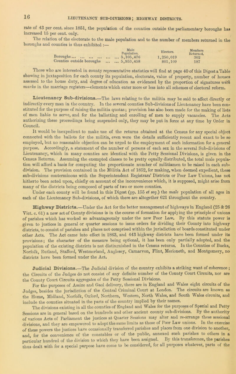 LIEUTENANCY SUB-DIVISIONS; HIGHWAY DISTRICTS. rate of 43 per cent, since 1851, the population of the counties outside the parliamentary boroughs has increased 15 per cent. only. The relation of the electorate to the male population and to the number of members returned in the boroughs and counties is thus exhibited :— Male Population. Boroughs 5,105,476 Counties outside boroughs 5,953,458 Those who are interested in county representative statistics will find at page 40 of this Digest a Table showing in juxtaposition for each county its population, electorate, value of property, number of houses assessed to the house duty, and degree of education as evidenced by the proportion of signatures with marks in the marriage registers—elements which enter more or less into all schemes of electoral reform. Lieutenancy Sub-divisions—The laws relating to the militia may be said to affect directly or indirectly every man in the country. In the several counties Sub-divisions of Lieutenancy have been con- stituted for the purpose of raising the militia quotas; provision has also been made for the making of lists of men liable to serve, and for the ballotting and enrolling of men to supply vacancies. The Acts authorizing these proceedings being suspended only, they may be put in force at any time by Order in Council. It would be inexpedient to make use of the returns obtained at the Census for any special object connected with the ballots for the militia, even were the details sufficiently recent and exact to be so employed, but no reasonable objection can be urged to the employment of such information for a general purpose. Accordingly, a statement of the number of persons of each sex in the several Sub-divisions of Lieutenancy, which in many counties are identical with the Petty Sessional Divisions, is given in the Census Returns. Assuming the exempted classes to be pretty equally distributed, the total male popula- tion will afford a basis for computing the proportionate number of militiamen to be raised in each sub- division. The provision contained in the Militia Act of 1852, for making, when deemed expedient, these sub-divisions conterminous with the Superintendent Registrars’ Districts or Poor Law Unions, has not hitherto been acted upon, chiefly on account of the inconvenience which, it is supposed, might arise from many of the districts being composed of parts of two or more counties. Under each county will be found in this Digest (pp. 155 et seq.) the male population of all ages in each of the Lieutenancy Sub-divisions, of which there are altogether 621 throughout the country. Highway Districts.—Under the Act for the better management of highways in England (25 & 26 Yict. c. 61) a new set of County divisions is in the course of formation for applying the principle of unions of parishes which has worked so advantageously under the new Poor Law. By this statute power is given to justices in general or quarter sessions to issue orders for dividing their County into highway districts, to consist of parishes and places not comprised within the jurisdiction of boards constituted under other Acts. The Act came into effect in 1863, and 443 highway districts have been formed under its provisions; the character of the measure being optional, it has been only partially adopted, and the population of the existing districts is not distinguished in the Census returns. In the Counties of Bucks, Norfolk, Rutland, Stafford, Westmorland, Anglesey, Carnarvon, Flint, Merioneth, and Montgomery, no districts have been formed under the Act. Judicial Divisions.—The Judicial division of the country exhibits a striking want of coherence ; the Circuits of the Judges do not consist of any definite number of the County Court Circuits, nor are the County Court Circuits aggregates of the Petty Sessional Divisions. For the purposes of Assize and Gaol delivery, there are in England and Wales eight circuits of the Judges, besides the jurisdiction of the Central Criminal Court at London. Ihe circuits are known as the Home, Midland, Norfolk, Oxford, Northern, Western, North Wales, and South Wales circuits, and include the counties situated in the parts of the country implied by their names. rpj^0 divisions existing in all the counties of England and Whales for the purposes of Special and Petty Sessions are in general based on the hundreds and other ancient county sub-divisions. By the authority of various Acts of Parliament the justices at Quarter Sessions may alter and re-arrange these sessional divisions, and they are empowered to adopt the same limits as those of 1 oor Law unions. In the exeicise of these powers the justices have occasionally transferred parishes and places from one division to another, and, for the convenience of the constables or of the public, annexed such parishes to others in a particular hundred of the division to which they have been assigned. By this transference, the parishes thus dealt with for a special purpose have come to be considered, for all purposes whatever, parts ol the Electors. 1,250,019 801,109 Members Returned. 302 187