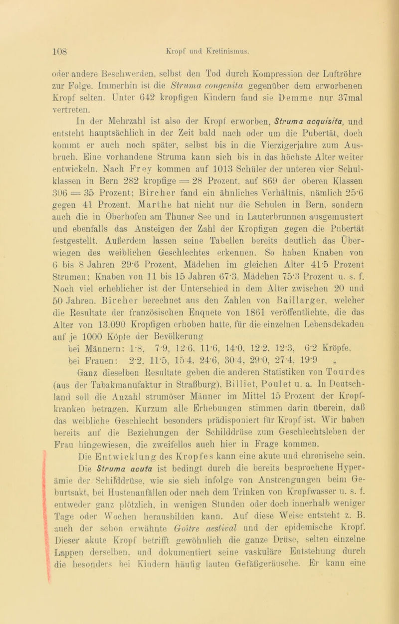 oder andere Beschwerden, selbst den Tod durch Kompression der Luftröhre zur Folge. Immerhin ist die Struma congenita gegenüber dem erworbenen Kropf selten. Unter 012 kropfigen Kindern fand sie Demme nur 37mal vertreten. In der Mehrzahl ist also der Kropf erworben, Struma acquisita, und entsteht hauptsächlich in der Zeit bald nach oder um die Pubertät, doch kommt er auch noch später, selbst bis in die Vierzigerjahre zum Aus- bruch. Eine vorhandene Struma kann sich bis in das höchste Alter weiter entwickeln. Nach Frey kommen auf 1013 Schüler der unteren vier Schul- klassen in Bern 282 kropfige = 28 Prozent, auf 869 der oberen Klassen 306 = 35 Prozent: Bircher fand ein ähnliches Verhältnis, nämlich 25’G gegen 41 Prozent. Marthe hat nicht nur die Schulen in Bern, sondern auch die in Oberhofen am Thuner See und in Lauterbrunnen ausgemustert und ebenfalls das Ansteigen der Zahl der Kropfigen gegen die Pubertät festgestellt. Außerdem lassen seine Tabellen bereits deutlich das Über- wiegen des weiblichen Geschlechtes erkennen. So haben Knaben von 6 bis 8 Jahren 29‘6 Prozent, Mädchen im gleichen Alter 41 -5 Prozent Strumen; Knaben von 11 bis 15 Jahren 67*3, Mädchen 75’3 Prozent u. s. f. Noch viel erheblicher ist der Unterschied in dem Alter zwischen 20 und 50 Jahren. Bircher berechnet ans den Zahlen von Baillarger. welcher die Resultate der französischen Enquete von 1861 veröffentlichte, die das Alter von 13.090 Kropfigen erhoben hatte, für die einzelnen Lebensdekaden auf je 1000 Köpfe der Bevölkerung bei Männern: 1*8, 7 9, 12 6, 116, 14*0, 122. 12’3, 6‘2 Kröpfe, bei Frauen: 2*2, 1U5, 15 4, 24*6, 30 4, 290, 274, 19*9 „ Ganz dieselben Resultate geben die anderen Statistiken von Tourdes (aus der Tabakmanufaktur in Straßburg), Billiet, Poulet u. a. In Deutsch- land soll die Anzahl strumöser Männer im Mittel 15 Prozent der Kropf- kranken betragen. Kurzum alle Erhebungen stimmen darin überein, daß das weibliche Geschlecht besonders prädisponiert für Kropf ist. Wir haben bereits auf die Beziehungen der Schilddrüse zum Geschlechtsleben der Frau hingewiesen, die zweifellos auch hier in Frage kommen. Die Entwicklung des Kropfes kann eine akute und chronische sein. Die Struma acuta ist bedingt durch die bereits besprochene Hyper- ämie der Schilddrüse, wie sie sich infolge von Anstrengungen beim Ge- burtsakt, bei Hustenanfällen oder nach dem Trinken von Kropfwasser u. s. f. entweder ganz plötzlich, in wenigen Stunden oder doch innerhalb weniger Tage oder Wochen herausbilden kann. Auf diese Weise entsteht z. B. auch der schon erwähnte G-oitre aestival und der epidemische Kropf. Dieser akute Kropf betrifft gewöhnlich die ganze Drüse, selten einzelne Lappen derselben, und dokumentiert seine vaskuläre Entstehung durch die besonders bei Kindern häufig lauten Gefäßgeräusche. Er kann eine
