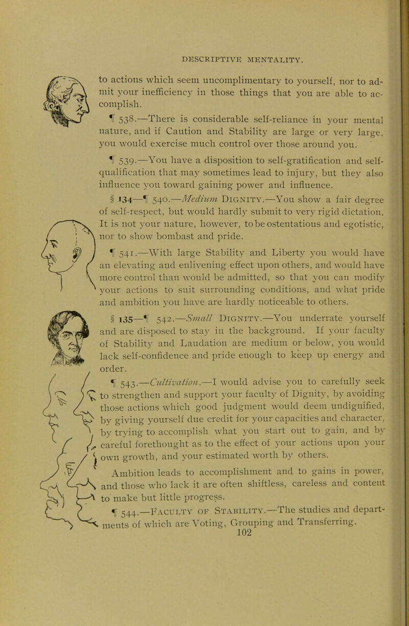 to actions which seem uncomplimentary to yourself, nor to ad- mit your inefficiency in those things that you are able to ac- complish. IT 538-—There is considerable self-reliance in your mental nature, and if Caution and Stability are large or very large, you would exercise much control over those around )'ou. IF 539.—You have a disposition to self-gratification and self- qualification that maj'- sometimes lead to injury, but they ahso influence 3'ou toward gaining power and influence. § 134—IF 540.—Medium Dignity.—You show a fair degree of self-re.spect, but would hardl}' submit to ver)' rigid dictation. It is not your nature, however, to be ostentatious and egotistic, nor to show bombast and pride. IF 541.—With large Stability and Liberty }'ou would have an elevating and enlivening effect upon others, and would have more control than would be admitted, so that you can modify your actions to suit surrounding conditions, and what pride and ambition you have are hardly noticeable to others. § 135—% 542.—Small Dignity.—You underrate yourself and are disposed to stay in the background. If your faculty of Stability and Laudation are medium or below, you would lack self-confidence and pride enough to keep up energy and order. % 543.—Cultivaiio7i.—I would advise you to carefully seek to strengthen and support your faculty of Dignity, by avoiding those actions which good judgment would deem undignified, by giving yourself due credit for your capacities and character, by trying to accomplish what you start out to gain, and by careful forethought as to the effect of your actions upon your own growth, and your estimated worth by others. Ambition leads to accomplishment and to gains in power, and tho.se who lack it are often shiftless, carele.ss and content to make but little progress. 544—Faculty of Stability.—The studies and depart- ments of which are Yoting, Grouping and Transferring.
