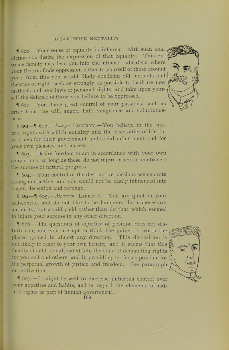 ^ 5oo.—Your sense of equality is inherent; with such con. viction you desire the expression of that equality. This ex- treme faculty may lead you into the utmost radicalism where your Reason finds oppression either to yourself or those around you; from this you would likely condemn old methods and theories of right, seek as strongly as possible to institute new methods and new laws of personal rights, and take upon your- self the defence of those you believe to be oppressed. ^ 6oi —You have great control of your passions, such as arise from the will, anger, hate, vengeance and voluptuous- ness. § 153—^ 602.—Large Liberty.—You believe in the nat- ural rights with which equality and the necessities of life in- vest men for their government and social adjustment and for j'our own pleasure and success. 603.—Desire freedom to act in accordance with your own convictions, so long as these do not injure others or controvert the success of natural progress. ^ 604.—Your control of the destructive passions seems quite strong and active, and you would not be easily influenced into anger, deception and revenge. § 154—If 605.—Medium Liberty.—You are quiet in your self-control, and do not like to be hampered by unnecessary authority, but would yield rather than do that which seemed to injure your success in any other direction. If 606.—The questions of equality of position does not dis- turb 3OU, and you are apt to think the gainer is worth the placed gained in almost any direction. This disposition is not likely to react to }mur own benefit, and it seems that this faculty should be cultivated into the state of demanding rights for yourself and others, and in providing as far as possible for ,the perpetual growth of justice and freedom. See paragraph on cultivation. % 607.—It might be well to exercise judicious control over your appetites and habits, and to regard the elements of nat- ural rights as part of human government.
