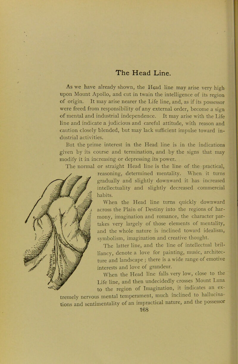 The Head Line. As we have already shown, the Head line may arise very high upon Mount Apollo, and cut in twain the intelligence of its region of origin. It may arise nearer the Life line, and, as if its possessor were freed from responsibility of any external order, become a sign of mental and industrial independence. It may arise with the Life line and indicate a judicious and careful attitude, with reason and caution closely blended, but may lack sufficient impulse toward in- dustrial activities. But the prime interest in the Head line is in the indications given by its course and termination, and by the signs that may modify it in increasing or depressing its power. The normal or straight Head line is the line of the practical, reasoning, determined mentality. When it turns gradually and slightly downward it has increased intellectuality and slightly decreased commercial ^ habits. When the Head line turns quickly downward ,i across the Plain of Destiny into the regions of har- ^ mony, imagination and romance, the character par- ^ takes very largely of those elements of mentality, and the whole nature is inclined toward idealism, symbolism, imagination and creative thought. The latter line, and the line of intellectual bril- liancy, denote a love for painting, music, architec- ture and landscape ; there is a wide range of emotive interests and love of grandeur. When the Head line falls very low, close to the Life line, and then undecidedly crosses Mount Luna to the region of Imagination, it indicates an ex- tremely nervous mental temperament, much inclined to hallucina- tions and sentimentality of an impractical nature, and the possessor