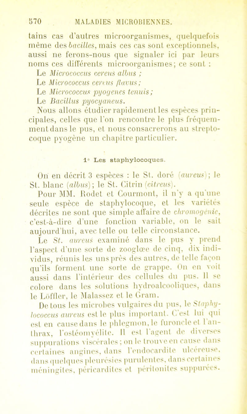 tains cas d’autres microorganismes, quelquefois même des bacilles, mais ces cas sont exceptionnels, aussi ne ferons-nous que signaler ici par leurs noms ces différents microorganismes; ce sont : Le Micrococcus cereus albus ; Le Micrococcus cereus /lavus; Le Micrococcus pyogenes tenuis; Le Bacillus pyocyaneus. Nous allons étudier rapidement les espèces prin- cipales, celles que l’on rencontre le plus fréquem- ment dans le pus, et nous consacrerons au strepto- coque pyogène un chapitre particulier. 1 Les staphylocoques. On en décrit 3 espèces : le Si. doré (aurcusi; le St. blanc (albus)-, le St. Citrin (■citreus). Pour MM. Rodet et Gourmont, il n’y a qu'une seule espèce de staphylocoque, et les variétés décrites ne sont que simple affaire de chromogànic, c’est-à-dire d'une fonction variable, on le sait aujourd’hui, avec telle ou telle circonstance. Le St. aurcus examiné dans le pus y prend l’aspect d’une sorte de zooglœe de cinq, dix indi- vidus, réunis les uns près des autres, de telle façon qu’ils forment une sorLe de grappe. On en voit aussi dans l’intérieur des cellules du pus. Il se colore dans les solutions hydroalcooliques, dans le Loffler, le Malassez et le Gram. De tous les microbes vulgaires du pus. le Slaphy- lococcus aurcus est le plus important. G est lui qui est en cause dans le phlegmon, le furoncle et 1 an- thrax, l'ostéomyélite. Il est l'agent de diverses suppurations viscérales : on le t couve en cause dans certaines angines, dans l’endocardite ulcéreuse, dans quelques pleurésies purulentes, dans certaines méningites, péricardites et péritonites suppurées.