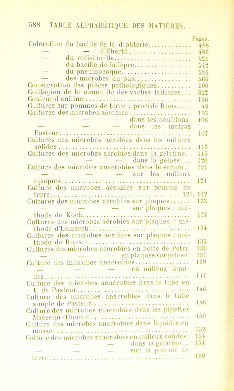 Pages. Coloration du bacille de la diphtérie 448 — — d'Eberth 486 — du coli-bacille 821 — du bacille de la lèpre 542 — du pneumocoque 526 — des microbes du pus 569 Conservation des pièces pathologiques 100 Contagion de la mammite des vaches laitières... 392 Couleur d'aniline 166 Cultures sur pommes de terre : procédé Roux 48 Cultures des microbes aérobies 103 — — — dans les bouillons. 106 — — — dans les matras Pasteur 107 Cultures des microbes aérobies dans les milieux solides 113 Cultures des microbes aérobies dans la gélatine. 115 — — — dans la gélose... 120 Culture des microbes anaérobies dans le sérum.. 121 — — — sur les milieux opaques 121 Culture des microbes aérobies sur pomme de terre 121, 122 Cultures des microbes aérobies sur plaques 123 — — — sur plaques : mé- thode de Koch 124 Cultures des microbes aérobies sur plaques : mé- thode d’Esmarch 134 Cultures des microbes aérobies sur plaques : mé- thode de Roux 135 Cultures des microbes aéorobies en boite de Pétri. 136 — — — en plaques sur gélose. 137 Culture des microbes anaérobies 139 — — — en milieux liqui- des 144 Culture des microbes anaérobies dans le tube en U de Pasteur 146 Culture des microbes anaérobies dans le tube simple de Pasteur 146 Culture des microbes anaérobies dans les pipettes Masselin-Thoinot ; *30 Culture des microbes anaérobies dans liquides en masse • .• • • • Culture des microbes anaérobiesen milieux solides. 154 — — dans la gélatine.. 154 — sur la pomme de terre 1*’’®