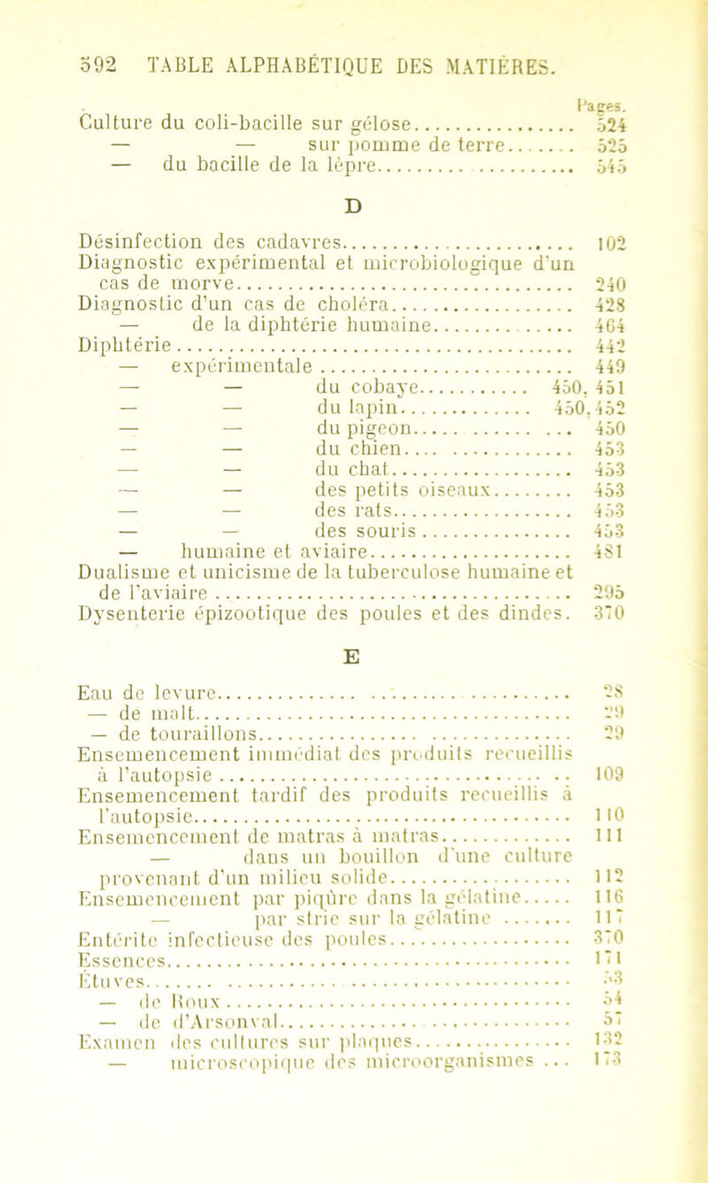 Pages. Culture du coli-bacille sur gélose 524 — — sur pomme de terre 525 — du bacille de la lèpre 545 D Désinfection des cadavres 102 Diagnostic expérimental et microbiologique d'un cas de morve 5 240 Diagnostic d’un cas de choléra 428 — de la diphtérie humaine 464 Diphtérie 442 — expérimentale 449 — — du cobaye 450, 451 — — du lapin 450,452 — — du pigeon 450 — — du chien 453 — du chat. 453 — — des petits oiseaux 453 — — des rats 453 — — des souris 453 — humaine et aviaire 4SI Dualisme et unicisme de la tuberculose humaine et de l’aviaire 295 Dysenterie épizootique des poules et des dindes. 370 E Eau de levure 28 — de malt 29 — de touraillons 29 Ensemencement immédiat des produits recueillis à l’autopsie 109 Ensemencement tardif des produits recueillis à l’autopsie 110 Ensemencement de matras à mat ras 111 — daus un bouillon d’une culture provenant d'un milieu solide 112 Ensemencement par piqûre dans la gélatine 116 par strie sur la gélatine 117 Entéi'itc infectieuse des poules 370 Essences 171 Etuves {'3 — de Roux A4 — de d’Arsonval A7 Examen des cultures sur plaques 132 — microscopique des microorganismes ... 173