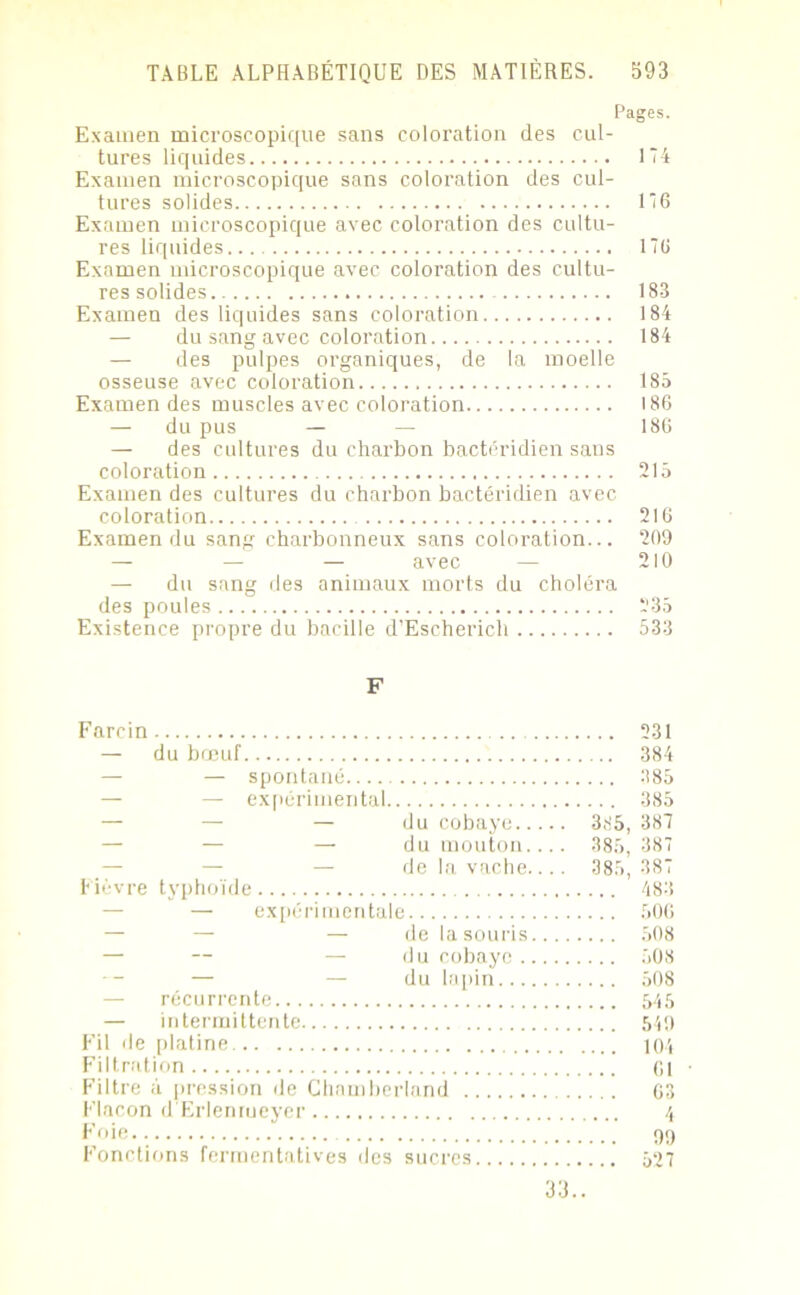 Pages. Examen microscopique sans coloration des cul- tures liquides 174 Examen microscopique sans coloration des cul- tures solides 176 Examen microscopique avec coloration des cultu- res liquides 17(1 Examen microscopique avec coloration des cultu- res solides 183 Examen des liquides sans coloration 184 — du sang avec coloration 184 — des pulpes organiques, de la moelle osseuse avec coloration 185 Examendes muscles avec coloration 186 — du pus — — 186 — des cultures du charbon bactéridien sans coloration 215 Examen des cultures du charbon bactéridien avec coloration 216 Examen du sang charbonneux sans coloration... 209 — — — avec — 210 — du sang des animaux morts du choléra des poules 235 Existence propre du bacille d'Escherich 533 F Farcin — du bœuf — — spontané — — expérimental — — — du cobaye 385, — — — du mouton.... 385, de la vache.... 385, Fièvre typhoïde — expérimentale — — — de la souris — — — du cobaye — — du lapin — récurrente — intermittente Fil de platine Filtration Filtre à pression de Chamberland Flacon d'Erlenrueyer Foie Fonctions fermentatives des sucres 231 384 385 385 387 387 387 483 506 508 508 508 545 549 104 Cl 63 4 99 527 33..