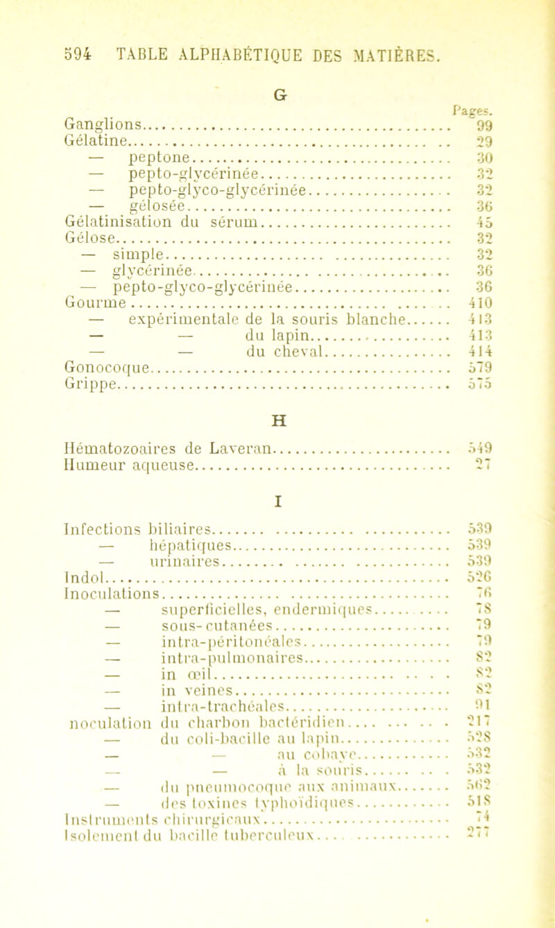 Ganglions '99 Gélatine 29 — peptone 30 — pepto-glycérinée 32 — pepto-glyco-glycérinée 32 — gélosée 36 Gélatinisation du sérum 45 Gélose 32 — simple 32 — glycérinée 36 — pepto-glyco-glycérinée 36 Gourme 410 — expérimentale de la souris blanche 413 — — du lapin 413 — — du cheval 414 Gonocoque 579 Grippe 575 H Hématozoaires de Laveran 549 Humeur aqueuse 27 I Infections biliaires — hépatiques — urinaires Indol Inoculations — superficielles, endermiques — sous-cutanées — intra-péritonéales — intra-pulmonaires — in œil — in veines — intra-trachéales noculation du charbon bactéridien — du coli-bacille au lapin — — au cobaye — — à la souris — du pneumocoque aux animaux — des toxines typhoïdiques Instruments chirurgicaux Isolement du bacille tuberculeux 539 539 539 526 76 7S 79 79 82 82 82 91 217 528 532 532 562 51S 74