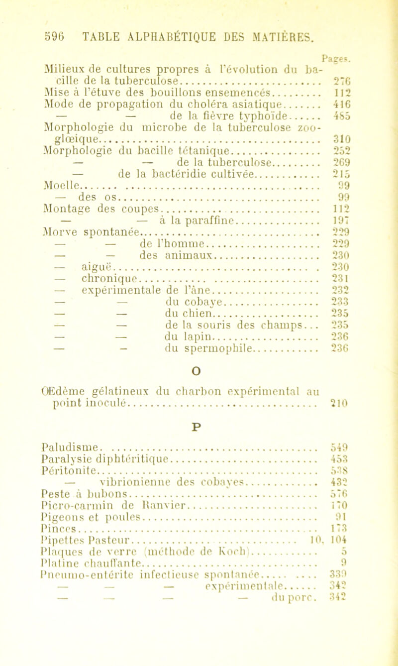 Pages. Milieux de cultures propres à l’évolution du ba- cille de la tuberculose 27G Mise à l’étuve des bouillons ensemencés 112 Mode de propagation du choléra asiatique 416 — — de la fièvre typhoïde 485 Morphologie du microbe de la tuberculose zoo- glœique 310 Morphologie du bacille tétanique 252 — — de la tuberculose 269 — de la bactéridie cultivée 215 Moelle 99 — des os 99 Montage des coupes 112 — — à la paraffine 197 Morve spontanée 229 — — de l’homme 229 — — des animaux 230 — aiguë 230 — chronique 231 — expérimentale de l’âne 232 — — du cobaye 233 — du chien 235 — — de la souris des champs... 235 — — du lapin 236 — — du spermophile 236 O OEdème gélatineux du charbon expérimental au point inoculé 210 P Paludisme 549 Paralysie diphtéritique 453 Péritonite 538 — vibrionienne des cobayes 432 Peste à bubons 576 Picro-carmin de llanvier 170 Pigeons et (mules 91 Pinces 173 Pipettes Pasteur 10, 104 Plaques de verre (méthode de Koch) 5 Plaline chauffante 9 Pneumo-entérite infectieuse spontanée 339 — expérimentale 342 — — — — du porc. 342