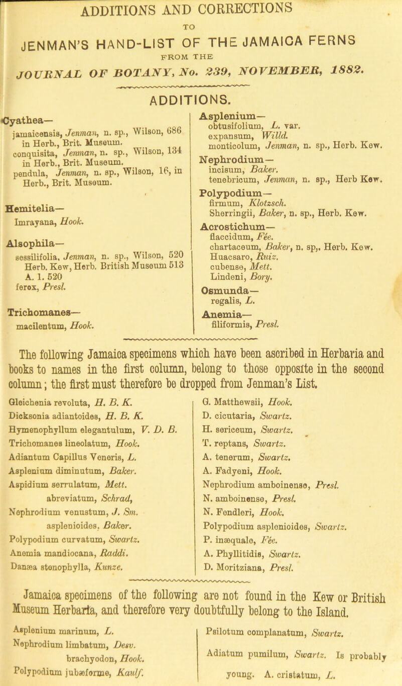 ADDITIONS AND CORRECTIONS TO JENMAN’S HAND-LIST OF THE JAMAICA FERNS FROM THE JOURNAL OF BOTANY, No. 239, NOVEMBER, 1882. ADDITIONS. iCyathea— jamaicensis, Jenman, n. sp., Wilson, 086 in Herb., Brit. Museum, conquisita, Jenman, n. sp., Wilson, 134 in Herb., Brit. Museum, pendula, Jenman, n. sp., Wilson, 16, in Herb., Brit. Museum. Hemitelia— Imrayana, Hook. Alsophila— sessilifolia, Jenman, n. sp., Wilson, 620 Herb. Kew, Herb. British Museum 513 A. 1. 620 ferox, Presl. Trichomanes— macilentum, Hook. Asplenium— obtusifolium, L. var. expansum, Willd. montioolum, Jenman, n. sp., Horb. Kew. Nephrodium— incisum, Baker. tenebricum, Jenman, n. sp,, Herb Kew. Polypodium— firmum, Klotzscli. Sherringii, Baker, n. sp., Herb. Kew. Acrostichum— fiaccidnm, Fee. chartaceum, Baker, n. sp,. Herb. Kew. Huacsaro, Ruiz. cubense, Mett. Lindeni, Bory. Osmunda— regalis, L. Anemia— filiformis, Presl. The following Jamaica specimens which have been ascribed in Herbaria and books to names in the first column, belong to those opposite in the second column; the first must therefore be dropped from Jenman’s List. Gleichenia revoluta, H. B. K. Dicksonia adiantoides, H. B. K. Bymenophyllum elegantulum, V. D. B. Trichomanes lineolatum, Hook. Adiantum CapiUus Veneris, L. Asplenium diminutum, Baker. Aspidium serrulatum, Mett. abreviatum, Schrad, Nephrodium venustum, J. Sm. asplenioides, Baker. Polypodium curvatum, Swartz. Anemia mandiocana, Raddi. Danaa stonopbylla, Kunze. G. Matthewsii, Hook. D. cicutaria, Swartz. H. 8ericeum, Swartz. T. reptans, Swartz. A. tenerum, Swartz. A. Padyeni, Hook. Nephrodium amboinense, Presl. N. amboinense, Presl. N. Fendleri, Hook. Polypodium asplenioides, Swartz. P. inaoqualo, Fee. A. PhyUitidis, Swartz. D. Moritziana, Presl. Jamaica specimens of the following are not found in the Kew or British Museum Herbaria, and therefore very doubtfully belong to the Island. Asplenium marinum, L. Psilotum complanatum, Swartz. Nephrodium limbatum, Desv. brachyodon, Hook. Adiatum pumilum, Swartz. Is probably Polypodium jubseforme, Kaulf. young. A. cristatum, X.