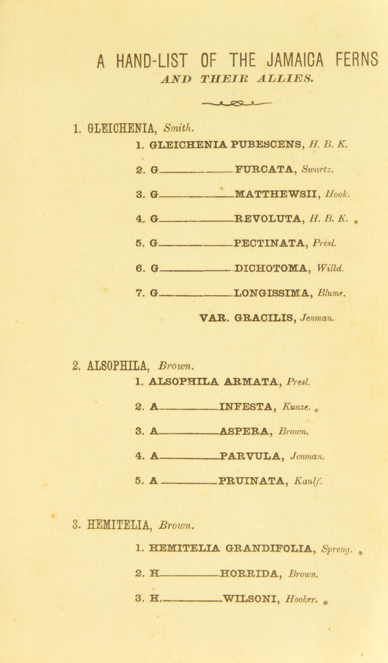 A HAND-LIST OF THE JAMAICA FERNS AND THEIR ALLIES. 1. GLEICHENIA, Smith. 1. GLEICHENIA PUBESCENS, H. B. K, 2. G FURCATA, Swartz. s H MATTHEWS!!, Hook. 4, G REVOLUTA, H. B. K. 5. G PECTINATA, Presl. 6. G DICHOTOMA, Willd. 7. G LONGISSIMA, Blume. VAR. GRACILIS, Jenman. 2. ALSOPHILA, Brown. 1. ALSOPHILA ARMATA, Prtsl. 2. A INFESTA, Kunze. * 3. A ASPERA, Brown. 4. A PARVULA, Jenman. 5. A PRUINATA, tfauZ/. 3. HEMITELIA, Br own. 1. HEMITELIA GRANDIFOLIA, Sprang. * 2. H HORRIDA, Brown. 3. H. .WILSONI, ffoo/cer. *