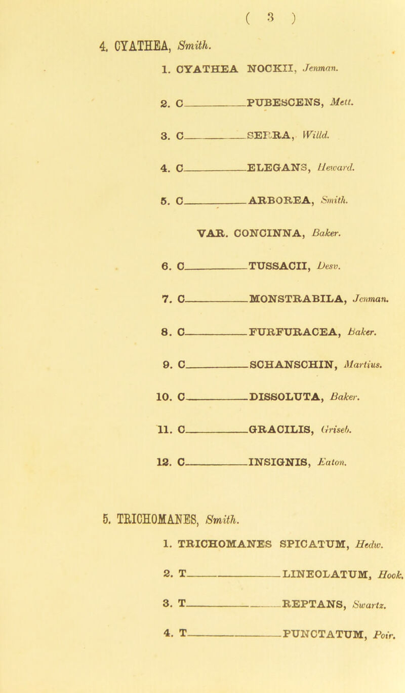 ( 3 ) CYATHEA, Smith. 1. CYATHEA NOCKII, Jenman. 2. C PUBESCENS, Mett. 3. C SERRA, iVilld. 4. C ELEGAN3, Ueivard. 5. C ARBOREA, Smith. VAR. CONCINNA, Baker. 6. C TUSSACII, Desv. 7 r. MOiNTSTTlA TtTJ.A, .Trvman. « r. FURFUR ACE A, Baker. 9. C SCHANSCHIN, Martins. in, r. DISSOLUTA, Baker. 11. C GRACILIS, driseh. 12. C INSIGNIS, Eaton. 5. TRICHOMANES, Smith. 1. TRICHOMANES SPICATUM, Hediv. 2. T LINEOLATUM, Hook. 3. T —REPTANS, Swartz. 4. T PUNCTATUM, Foir.