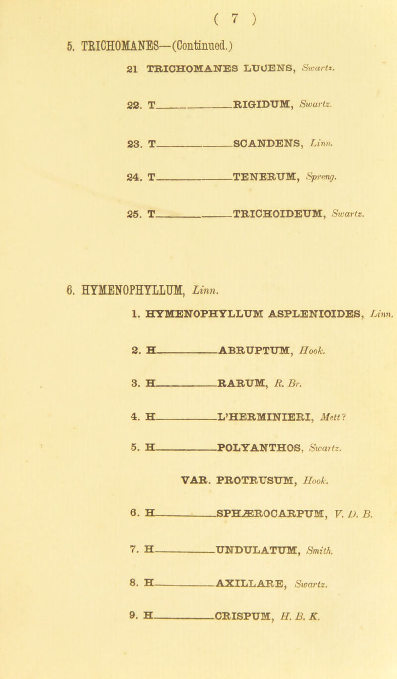 ( 7 ) 5. TRICHOMANES— (Continued.) 21 TRICHOMANES LUUENS, Swartz. 22. T RIGIDUM, Swartz. 23. T SCANDENS, Linn. 24. T TENERUM, Sprang. 25. T TRICHOIDEUM, Swartz. 6. HYMENOPHYLLUM, Linn. 1. HYMENOPHYLLUM ASPLENIOIDES, Linn. 2. H ABRUPTUM, Hook. 3. H RARUM, R. Br. 4. H L’HERMINIERI, Melt ? 5. H POLYANTHOS, Swartz. VAR. PROTRUSUM, Hook. 0. H SPHiEROCARPUM, V. D. B. 7. H UNDULATUM, Smith. 8. H AXILLARE, Swartz. 9. H CRISPUM, H.B.K.