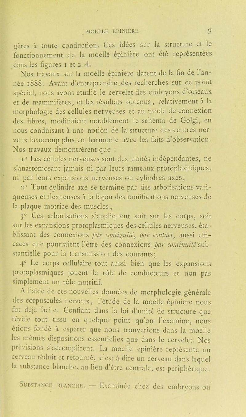 «Teres a toiite condiiction. Ces idées sur la structure et le O fonctionnement de la moelle épiniére ont été représenteos dans les figures i et 2 A. Nos travaux sur la moelle épiniére datent de la fin de l’an- née 1888. Avant d’entreprendre ,des recherches sur ce point spécial, nous avons étudié le cefvelet des embryons d’oiseaux et de mammiféres, et les résultats obtenus, relativement a la morphologie des cellules nerveuses et au mode de connexion des libres, modifiaient notablement le schéma de Golgi, en nous conduisant á une notion de la structure des centres ner- veux beaucoup plus en harmonie avec les faits d’observation. Nos travaux démontrérent que : 1° Les cellules nerveuses sont des unités indépendantes, ne s’anastomosant jamais ni par leurs rameaux protoplasmiques, ni par leurs expansions nerveuses ou cylindres axes; 2° Tout cylindre axe se termine par des arborisations vari- queuses et flexueuses á la facón des ramifications nerveuses de la plaque motrice des muscles; 3° Ces arborisations s’appliquent soit sur les corps, soit sur les expansions protoplasmiques des cellules nerveuses, éta- blissant des connexions par contigiiité, par coniact, aussi eífi- caces que pourraient l’étre des connexions par continuiié suh- stantielle pour la transmission des courants; 4° Le corps cellulaire tout aussi bien que les expansions protoplasmiques jouent le role de conducteurs et non pas simplernent un role nutritif. A 1 aide de ces nouvelles données de morphologie générale des corpúsculos nerveux, l’étude de la moelle épiniére nous fut déja facile. Confiant dans la loi d’unité de structure que révéle tout tissu en quelque point qu’on Texamine, nous ctions fonde á esperer que nous trouverions dans la moelle les mémes dispositions essentielles que dans le cervelet. Nos prévisions s’accomplircnt. La moelle épiniére représente un cerveau réduit et retourné, c’cst a dire un cerveau dans lequel la substance blanche, au lien d’étre céntrale, est périphérique. SuBsiANCii IJLAXCHH. — Lxaminée chcz dos cmbr^’ons ou