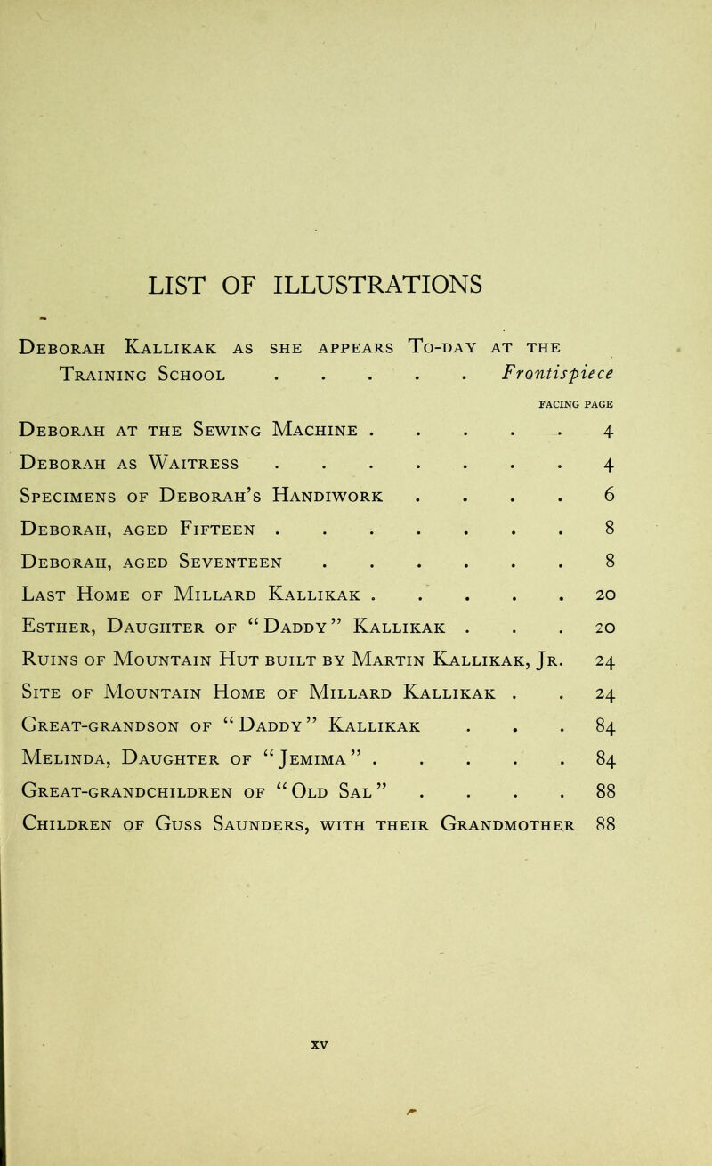 LIST OF ILLUSTRATIONS Deborah Kallikak as she appears To-day at the Training School Frontispiece FACING PAGE Deborah at the Sewing Machine ..... 4 Deborah as Waitress .4 Specimens of Deborah’s Handiwork .... 6 Deborah, aged Fifteen ....... 8 Deborah, aged Seventeen 8 Last Home of Millard Kallikak 20 Esther, Daughter of “ Daddy ” Kallikak ... 20 Ruins of Mountain Hut built by Martin Kallikak, Jr. 24 Site of Mountain Home of Millard Kallikak . . 24 Great-grandson of “Daddy” Kallikak ... 84 Melinda, Daughter of “Jemima” ..... 84 Great-grandchildren of “ Old Sal ” . . . .88 Children of Guss Saunders, with their Grandmother 88