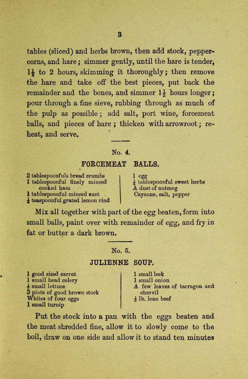 tables (sliced) and herbs brown, then add stock, pepper- corns, and hare; simmer gently, until the hare is tender, 1J to 2 hours, skimming it thoroughly; then remove the hare and take off the best pieces, put back the remainder and the bones, and simmer 1J hours longer; pour through a fine sieve, rubbing through as much of the pulp as possible ; add salt, port wine, forcemeat balls, and pieces of hare ; thicken with arrowroot; re- heat, and serve. No. 4. FORCEMEAT BALLS. 2 tablespoonfuls bread crumbs 1 tablespoonful finely minced cooked ham 1 tablespoonful minced suet £ teaspoonful grated lemon rind 1 egg \ tablespoonful sweet herbs A dust of nutmeg Cayenne, salt, pepper Mix all together with part of the egg beaten, form into small balls, paint over with remainder of egg, and fry in fat or butter a dark brown. No. 5. JULIENNE SOUP. 1 good sized carrot 1 small head celery £ small lettuce 3 pints of good brown stock Whites of four eggs 1 small turnip 1 small leek 1 small onion A few leaves of tarragon and chervil ^ lb. lean beef Put the stock into a pan with the eggs beaten and the meat shredded fine, allow it to slowly come to the boil, draw on one side and allow it to stand ten minutes