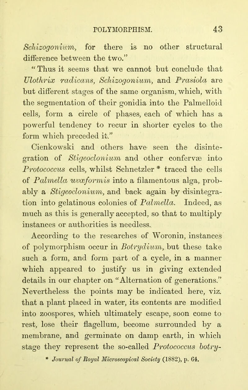 Schizogoniv/m, for there is no other structural difference between the two.” “ Thus it seems that we cannot hut conclude that Ulothrix radicans, Schizogonium, and Prasiola are but different stages of the same organism, which, with the segmentation of their gonidia into the Palmelloid cells, form a circle of phases, each of which has a powerful tendency to recur in shorter cycles to the form which preceded it.” Cienkowski and others have seen the disinte- gration of Stigeoclonium and other confervse into Protococcus cells, whilst Schnetzler * traced the cells of Palmella uvceformis into a filamentous alga, prob- ably a Stigeoclonium, and back again by disintegra- tion into gelatinous colonies of Palmella. Indeed, as much as this is generally accepted, so that to multiply instances or authorities is needless. According to the researches of Woronin, instances of polymorphism occur in Botrydium, but these take such a form, and form part of a cycle, in a manner which appeared to justify us in giving extended details in our chapter on “Alternation of generations.” Nevertheless the points may be indicated here, viz. that a plant placed in water, its contents are modified into zoospores, which ultimately escape, soon come to rest, lose their flagellum, become surrounded by a membrane, and germinate on damp earth, in which stage they represent the so-called Protococcus botry-