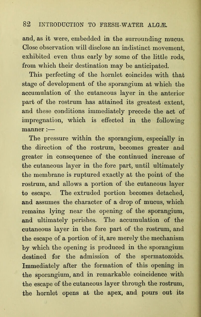 and, as it were, embedded in the surrounding mucus. Close observation will disclose an indistinct movement, exhibited even thus early by some of the little rods, from which their destination may be anticipated. This perfecting of the hornlet coincides with that stage of development of the sporangium at which the accumulation of the cutaneous layer in the anterior part of the rostrum has attained its greatest extent, and these conditions immediately precede the act of impregnation, which is effected in the following- manner :— The pressure within the sporangium, especially in the direction of the rostrum, becomes greater and greater in consequence of the continued increase of the cutaneous layer in the fore part, until ultimately the membrane is ruptured exactly at the point of the rostrum, and allows a portion of the cutaneous layer to escape. The extruded portion becomes detached, and assumes the character of a drop of mucus, which remains lying near the opening of the sporangium, and ultimately perishes. The accumulation of the cutaneous layer in the fore part of the rostrum, and the escape of a portion of it, are merely the mechanism by which the opening is produced in the sporangium destined for the admission of the spermatozoids. Immediately after the formation of this opening in the sporangium, and in remarkable coincidence with the escape of the cutaneous layer through the rostrum, the hornlet opens at the apex, and pours out its