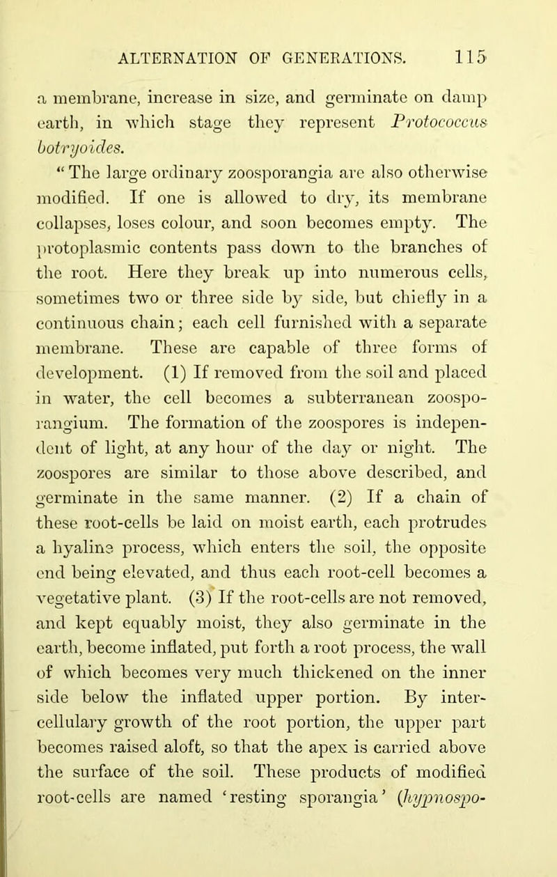 a membrane, increase in size, and germinate on damp earth, in which stage they represent Protococcus botryoides. “ The large ordinary zoosporangia are also otherwise modified. If one is allowed to dry, its membrane collapses, loses colour, and soon becomes empty. The protoplasmic contents pass down to the branches of the root. Here they break up into numerous cells, sometimes two or three side by side, but chiefly in a continuous chain; each cell furnished with a separate membrane. These are capable of three forms of development. (1) If removed from the soil and placed in water, the cell becomes a subterranean zoospo- rangium. The formation of the zoospores is indepen- dent of light, at any hour of the day or night. The zoospores are similar to those above described, and germinate in the same manner. (2) If a chain of these root-cells be laid on moist earth, each protrudes a hyaline process, which enters the soil, the opposite end being elevated, and thus each root-cell becomes a vegetative plant. (3) If the root-cells are not removed, and kept equably moist, they also germinate in the earth, become inflated, put forth a root process, the wall of which becomes very much thickened on the inner side below the inflated upper portion. By inter- cellulary growth of the root portion, the upper part becomes raised aloft, so that the apex is carried above the surface of the soil. These products of modified root-cells are named ‘resting sporangia’ (hypnospo-