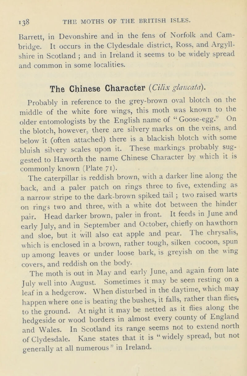 Barrett, in Devonshire and in the fens of Norfolk and Cam- bridge. It occurs in the Clydesdale district, Ross, and Argyll- shire in Scotland ; and in Ireland it seems to be widely spread and common in some localities. The Chinese Character (Cilix glaucata). Probably in reference to the grey-brown oval blotch on the middle of the white fore wings, this moth was known to the older entomologists by the English name of “ Goose-egg.’ On the blotch, however, there are silvery marks on the \eins, and below it (often attached) there is a blackish blotch with some bluish silvery scales upon it. These markings probably sug- gested to Haworth the name Chinese Character by which it is commonly known (Plate 71). The caterpillar is reddish brown, with a daikei line along the back, and a paler patch on rings three to five, extending as a narrow stripe to the dark-brown spiked tail ; two laised warts on rings two and three, with a white dot between the hinder pair. Head darker brown, paler in front. It feeds in June and early July, and in September and October, chiefly on hawthorn and sloe, but it will also eat apple and pear. The chrysalis, which is enclosed in a brown, rather tough, silken cocoon, spun up among leaves or under loose bark, is greyish on the wing covers, and reddish on the body. The moth is out in May and early June, and again from late July well into August. Sometimes it may be seen resting on a leaf in a hedgerow. When disturbed in the daytime, which may happen where one is beating the bushes, it falls, rather than flies, to the ground. At night it may be netted as it flies along the hedgeside or wood borders in almost every county of England and Wales. In Scotland its range seems not to extend north of Clydesdale. Kane states that it is “ widely spread, but not generally at all numerous” in Ireland.