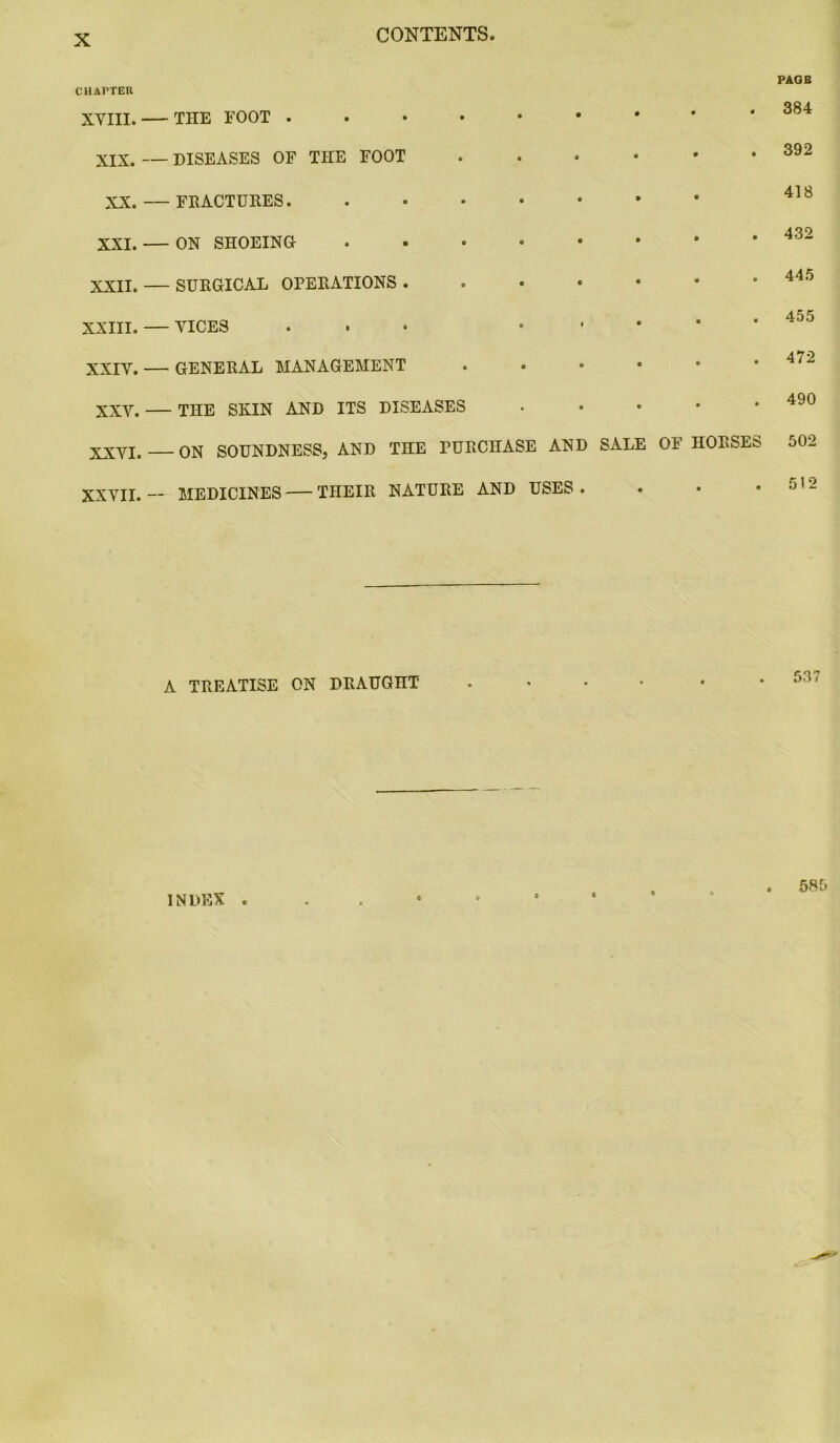 CONTENTS. CHAPTER XYIII. THE FOOT . • • • • • • XIX. DISEASES OF THE FOOT • • ® • • • XX. FRACTURES. • • • • XXI. ON SHOEING • « • • • • XXII. — SURGICAL OPERATIONS . • • • • 0 XXIII. — YICES • > • • • XXIY. — GENERAL MANAGEMENT • B * • • • XXY. THE SKIN AND ITS DISEASES 0 ft • XXYI. ON SOUNDNESS, AND THE PURCHASE AND SALE OF HORSES XXYII. — MEDICINES — THEIR NATURE AND USES . • • 9 PAGE 384 392 418 432 445 455 472 490 502 512 A TREATISE ON DRAUGHT INDEX . 585