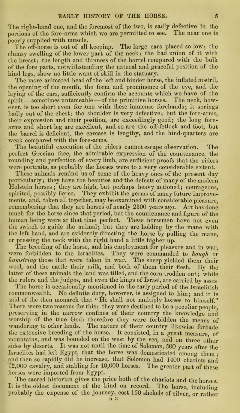 The right-hand one, and the foremost of the two, is sadly defective in the portions of the fore-arms which we are permitted to see. The near one is poorly supplied with muscle. The off-horse is out of all keeping. The large ears placed so low; the clumsy swelling of the lower part of the neck; the bad union of it with the breast; the length and thinness of the barrel compared with the bulk of the fore parts, notwithstanding the natural and graceful position of the hind legs, show no little want of skill in the statuary. The more animated head of the left and hinder horse, the inflated nostril, the opening of the mouth, the form and prominence of the eye, and the laying of the ears, sufficiently confirm the accounts which we have of the spirit—sometimes untameable—of the primitive horses. The neck, how- ever, is too short even for One with these immense forehands; it springs badly out of the chest; the shoulder is very defective; but the fore-arms, their expression and their position, are exceedingly good; the long fore- arms and short leg are excellent, and so are the off-fetlock and foot, but the barrel is deficient, the carcase is lengthy, and the hind-quarters are weak compared with the fore-arms. The beautiful execution of the riders cannot escape observation. The perfect Grecian face, the admirable expression of the countenance, the rounding and perfection of every limb, are sufficient proofs that the riders were portraits, as probably the horses were to a very considerable extent. These animals remind us of some of the heavy ones of the present day particularly; they have the beauties and the defects of many of the modern Holstein horses ; they are high, but perhaps heavy actioned; courageous, spirited, possibly fierce. They exhibit the germs of many future improve- ments, and, taken all together, may be examined with considerable pleasure, remembering that they are horses of nearly 2300 years ago. Art has done much for the horse since that period, but the countenance and figure of the human being were at that time perfect. These horsemen have not even the switch to guide the animal; but they are holding by the mane with the left hand, and are evidently directing the horse by pulling the mane, or pressing the neck with the right hand a little higher up. The breeding of the horse, and his employment for pleasure and in war, were forbidden to the Israelites. They were commanded to hough or hamstrmg those that were taken in war. The sheep yielded them their wool, and the cattle their milk, and both of them their flesh. By the latter of these animals the land was tilled, and the corn trodden out; while the rulers and the judges, and even the kings of Israel, are carried by asses The horse is occasionally mentioned in the early period of the Israelitish commonwealth. No definite duty, however, is assigned to him; and it is said of the then monarch that “ He shall not multiply horses to himself.” There were two reasons for this: they were destined to be a peculiar people, preserving in the narrow confines of their country the knowledge and worship of the true God: therefore they were forbidden the means of wandering to other lands. The nature of their country likewise forbade the extensive breeding of the horse. It consisted, in a great measure of mountains, and was bounded on the west by the sea, and on three other sides by deserts. It was not until the time of Solomon, 500 years after the Israelites had left Egypt, that the horse was domesticated among them ; and then so rapidly did he increase, that Solomon had 1400 chariots and 12,000 cavalry, and stabling for 40,000 horses. The greater part of these horses were imported from Egypt. The sacred historian gives the price both of the chariots and the horses. It is the oldest document of the kind on record. The horse, includin'1' probably the expense of the journey, cost 150 shekels of silver or rather B 3 ’