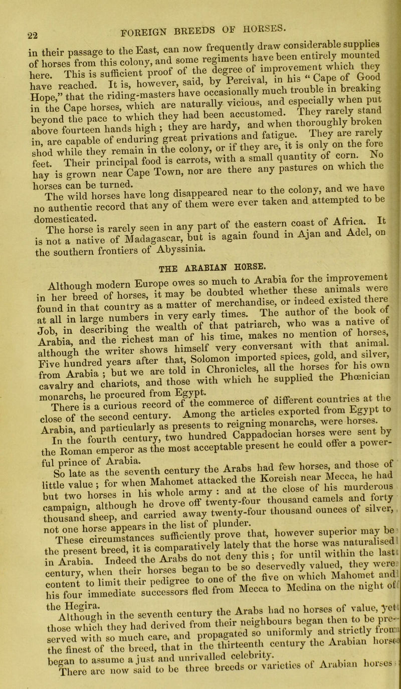 fer TMs°is Of the legree of ^v^whjch £5 HoVpe -Uh^he rhJin-^stersCe’ocLionally much trouble in breaking which are naturally vicious, and e^^enp«‘ beyond the pace ^^the^ai'e ^Mdy^C^nd^hen thoroughly broken inlret^bk of endurfng’greal privations and fatigue- shod while they remain in the colony, or if they are, it i only' oni the lore feet Their principal food is carrots, with a small quantity of corn. No hay' is grownPnearPCape Town, nor are there any pastures on which the k°The whd^horseTliave long disappeared near totheco, ya - no authentic record that any of them were ever taken and attempted “is rarely seen in any part of the eastern coasWif Afnca It is not a native of Madagascar, but is again found in Ajan and Adel, the southern frontiers of Abyssinia. THE ARABIAN HORSE. Although modern Europe owes so much to Arabia for the improvement • w Wd of horses it may be doubted whether these animals were tartcountry of K.f'h EE'S “*>“ “ i* patriarch, who ws. a nntiro of as t thofich-. »-**zsnf s Sr^'ihSr JfKi’SiSXh h. soppliod .ho Phomiciim tli Roman emperor as the most acceptable present he could oder a powei ‘“solute as ^seventh century the Arabs had few horses, and those of little value ; for when Mahomet attacked the K^f^^^rderous but two horses in ’tat'^“twenty four thousand camels and forty thousa'nd 'slieep, and carried away twenty-four thousand ounces of silver, not one horse appears in the “ P-Tve that however superior may be T11086 _ ^ • . • ^lucratively lately that the horse was naturalised the present breed, 11 is comparative^ »- 7 u„,il within the last 5? his four ?mm“diaIrsuccelfors fled from Mecca to Medina on the night off rfnSiS nrhidiS..”* Cf taj* the Arsbieu ho, J “KS ‘irXTSfS^«'ti«h.ofArJdm.lm™.