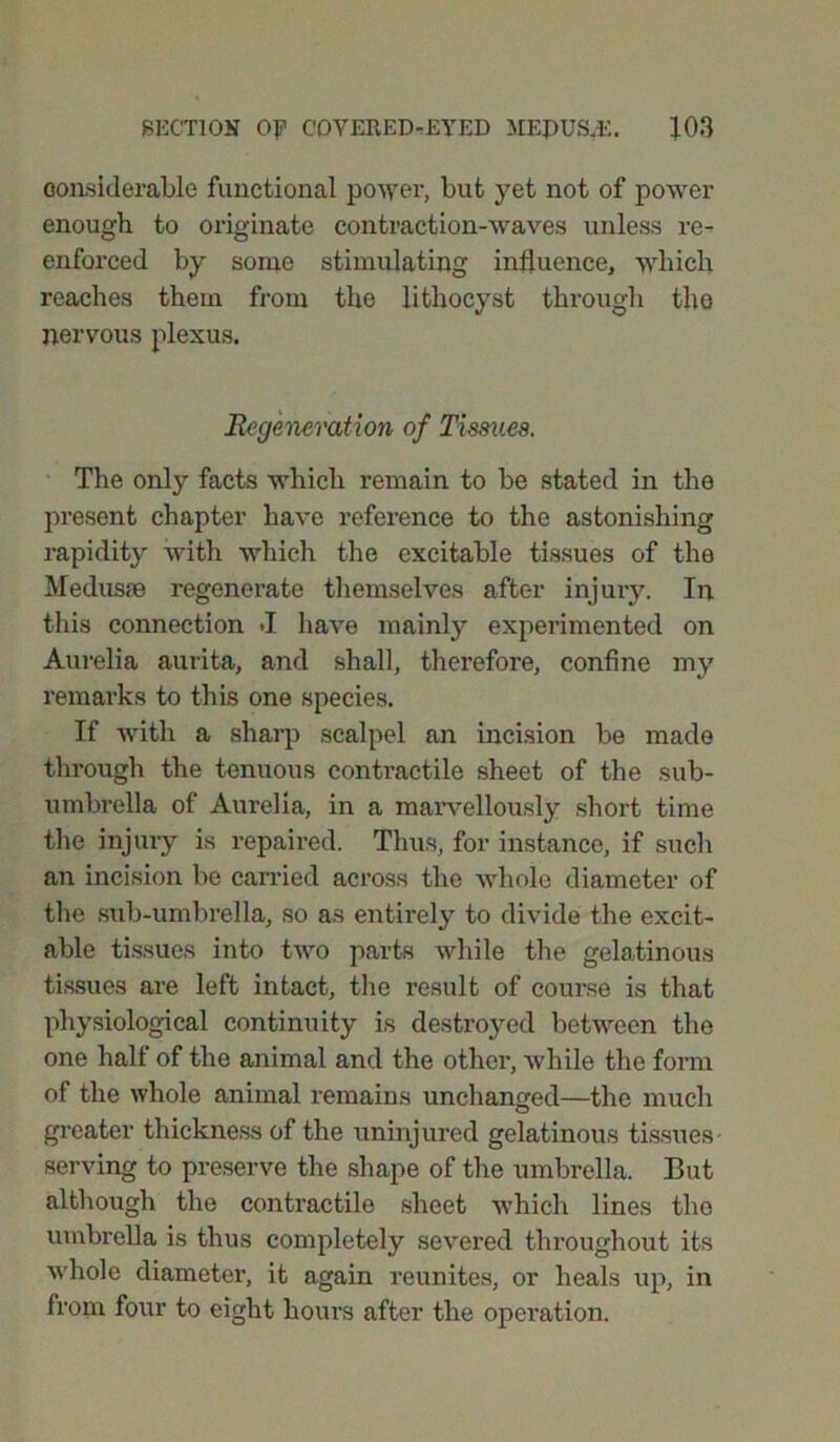 considerable functional power, but yet not of power enough to originate contraction-waves unless re- enftwced by some stimulating influence, which reaches them from the lithocyst through the nervous plexus. Regeneration of Tissues. The only facts which remain to be stated in the present chapter have reference to the astonishing rapidity with which the excitable tissues of the Medusae regenerate themselves after injury. In this connection >1 have mainly experimented on Aurelia aurita, and shall, therefore, confine my remarks to this one species. If with a sharp scalpel an incision be made through the tenuous contractile sheet of the sub- umbrella of Aurelia, in a marvellously short time the injury is repaired. Thus, for instance, if such an incision be carried across the whole diameter of the sub-umbrella, so as entirely to divide the excit- able tissues into two parts while the gelatinous tissues are left intact, the result of course is that physiological continuity is destroyed between the one half of the animal and the other, while the form of the whole animal remains unchanged—the much greater thickness of the uninjured gelatinous tissues- serving to preserve the shape of the umbrella. But although the contractile sheet which lines the umbrella is thus completely severed throughout its whole diameter, it again reunites, or heals up, in from four to eight hours after the operation.