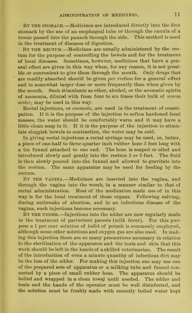 By the stomach.—Medicines are introduced directly into the first stomach by the use of an esophageal tube or through the canula of a trocar passed into the paunch through the side. This method is used in the treatment of diseases of digestion. By the rectum.—Medicines are usually administered by the rec- tum for the purpose of controlling the bowels and for the treatment of local diseases. Sometimes, however, medicines that have a gen- eral effect are given in this way when, for any reason, it is not possi- ble or convenient to give them through the mouth. Only drugs that are readily absorbed should be given per rectum for a general effect and in somewhat larger dose or more frequently than when given by the mouth. Such stimulants as ether, alcohol, or the aromatic spirits of ammonia, diluted with from four to six times their bulk of warm water, may be used in this way. Rectal injections, or enemata, are used in the treatment of consti- pation. If it is the purpose of the injection to soften hardened fecal masses, the water should be comfortably warm and it may have a little clean soap in it. If it is the purpose of the injection to stimu- late sluggish bowels to contraction, the water may be cold. In giving rectal injections a rectal syringe may be used, or, better, a piece of one-half to three-quarter inch rubber hose 5 feet long with a tin funnel attached to one end. The hose is soaped or oiled and introduced slowly and gently into the rectum 2 or 3 feet. The fluid is then slowly poured into the funnel and allowed to gravitate into the rectum. The same apparatus may be used for feeding by the rectum. By the vagina.—Medicines are inserted into the vagina, and through the vagina into the womb, in a manner similar to that of rectal administration. Most of the medication made use of in this way is for the local treatment of these organs. Following calving, during outbreaks of abortion, and in an infectious disease of the vagina, such injections become necessary. By the udder.—Injections into the udder are now regularly made in the treatment of parturient paresis (milk fever). For this pur- pose a 1 per cent solution of iodid of potash is commonly employed, although some other solutions and oxygen gas are also used. In mak- ing this injection there are so many precautions necessary in relation to the sterilization of the apparatus and the teats and skin that this work should be left in the hands of a skilled veterinarian. The result of the introduction of even a minute quantity of infectious dirt may be the loss of the udder. For making this injection one may use one of the prepared sets of apparatus or a milking tube and funnel con- nected by a piece of small rubber hose. The apparatus should be boiled and wrapped in a clean towql until needed. The udder and teats and the hands of the operator must be well disinfected, and the solution must be freshly made with recently boiled water kept