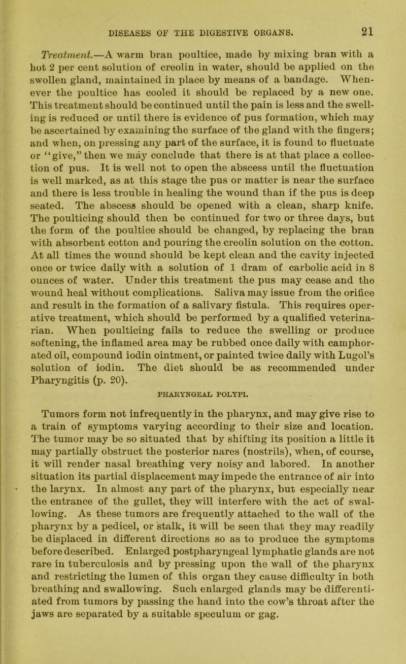 Treatment.—A warm bran poultice, made by mixing bran with a hot 2 per cent solution of creolin in water, should be applied on the swollen gland, maintained in place by means of a bandage. When- ever the poultice has cooled it should be replaced by a new one. This treatment should be continued until the pain is less and the swell- ing is reduced or until there is evidence of pus formation, which may be ascertained by examining the surface of the gland with the lingers; and when, on pressing any part of the surface, it is found to fluctuate or “give,” then we may conclude that there is at that place a collec- tion of pus. It is well not to open the abscess until the fluctuation is well marked, as at this stage the pus or matter is near the surface and there is less trouble in healing the wound than if the pus is deep seated. The abscess should be opened with a clean, sharp knife. The poulticing should then be continued for two or three days, but the form of the poultice should be changed, by replacing the bran with absorbent cotton and pouring the creolin solution on the cotton. At all times the wound should be kept clean and the cavity injected once or twice daily with a solution of 1 dram of carbolic acid in 8 ounces of water. Under this treatment the pus may cease and the wound heal without complications. Saliva may issue from the orifice and result in the formation of a salivary fistula. This requires oper- ative treatment, which should be performed by a qualified veterina- rian. When poulticing fails to reduce the swelling or produce softening, the inflamed area may be rubbed once daily with camphor- ated oil, compound iodin ointment, or painted twice daily with Lugol’s solution of iodin. The diet should be as recommended under Pharyngitis (p. 20). PHARYNGEAL POLYPI. Tumors form not infrequently in the pharynx, and may give rise to a train of symptoms varying according to their size and location. The tumor may be so situated that by shifting its position a little it may partially obstruct the posterior nares (nostrils), when, of course, it will render nasal breathing very noisj^ and labored. In another situation its partial displacement may impede the entrance of air into the larynx. In almost any part of the pharynx, but especially near the entrance of the gullet, they will interfere with the act of swal- lowing. As these tumors are frequently attached to the wall of the pharynx by a pedicel, or stalk, it will be seen that they may readily be displaced in different directions so as to produce the symptoms before described. Enlarged postpharyngeal lymphatic glands are not rare in tuberculosis and by pressing upon the wall of the pharynx and restricting the lumen of this organ they cause difficulty in both breathing and swallowing. Such enlarged glands may be differenti- ated from tumors by passing the hand into the cow’s throat after the jaws are separated by a suitable speculum or gag.
