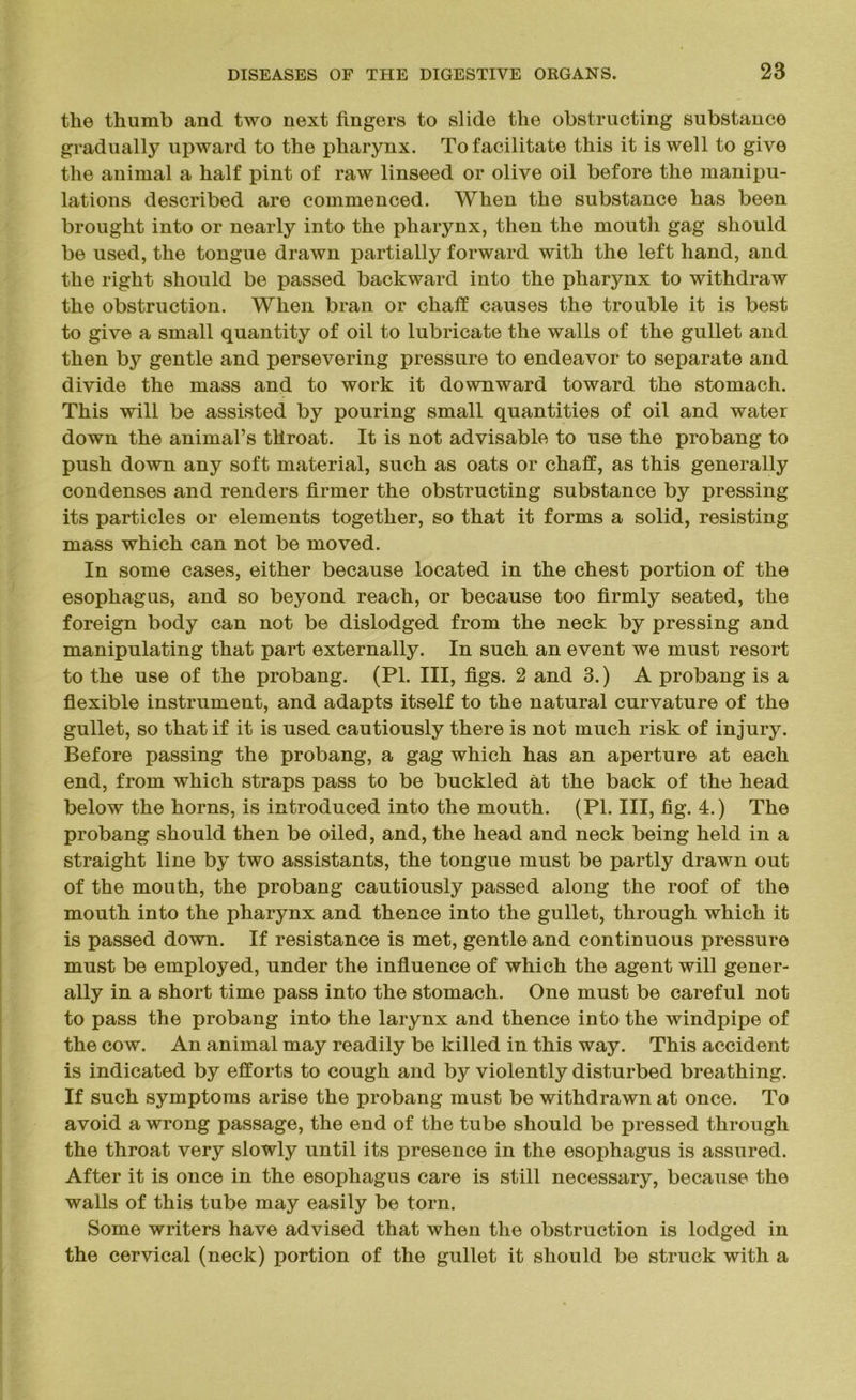 the thumb and two next fingers to slide the obstructing substance gradually upward to the pharynx. To facilitate this it is well to give the animal a half pint of raw linseed or olive oil before the manipu- lations described are commenced. When the substance has been brought into or nearly into the pharynx, then the mouth gag should be used, the tongue drawn partially forward with the left hand, and the right should be passed backward into the pharynx to withdraw the obstruction. When bran or chaff causes the trouble it is best to give a small quantity of oil to lubricate the walls of the gullet and then by gentle and persevering pressure to endeavor to separate and divide the mass and to work it downward toward the stomach. This will be assisted by pouring small quantities of oil and water down the animal’s throat. It is not advisable to use the probang to push down any soft material, such as oats or chaff, as this generally condenses and renders firmer the obstructing substance by pressing its particles or elements together, so that it forms a solid, resisting mass which can not be moved. In some cases, either because located in the chest portion of the esophagus, and so beyond reach, or because too firmly seated, the foreign body can not be dislodged from the neck by pressing and manipulating that part externally. In such an event we must resort to the use of the probang. (PI. Ill, figs. 2 and 3.) A probang is a flexible instrument, and adapts itself to the natural curvature of the gullet, so that if it is used cautiously there is not much risk of injury. Before passing the probang, a gag which has an aperture at each end, from which straps pass to be buckled at the back of the head below the horns, is introduced into the mouth. (PL III, fig. 4.) The probang should then be oiled, and, the head and neck being held in a straight line by two assistants, the tongue must be partly drawn out of the mouth, the probang cautiously passed along the roof of the mouth into the pharynx and thence into the gullet, through which it is passed down. If resistance is met, gentle and continuous pressure must be employed, under the influence of which the agent will gener- ally in a short time pass into the stomach. One must be careful not to pass the probang into the larynx and thence into the windpipe of the cow. An animal may readily be killed in this way. This accident is indicated by efforts to cough and by violently disturbed breathing. If such symptoms arise the probang must be withdrawn at once. To avoid a wrong passage, the end of the tube should be pressed through the throat very slowly until its presence in the esophagus is assured. After it is once in the esophagus care is still necessary, because the walls of this tube may easily be torn. Some writers have advised that when the obstruction is lodged in the cervical (neck) portion of the gullet it should be struck with a