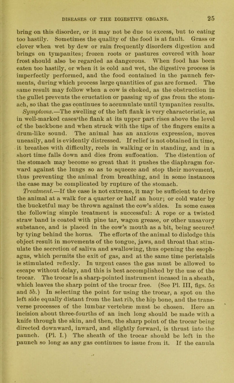 bring on this disorder, or it may not be due to excess, but to eating too hastily. Sometimes the quality of the food is at fault. Grass or clover when wet by dew or rain frequently disorders digestion and brings on tympanites; frozen roots or pastures covered with hoar frost should also be regarded as dangerous. When food has been eaten too hastily, or when it is cold and wet, the digestive process is imperfectly performed, and the food contained in the paunch fer- ments, during which process large quantities of gas are formed. The same result may follow when a cow is choked, as the obstruction in the gullet prevents the eructation or passing up of gas from the stom- ach, so that the gas continues to accumulate until tympanites results. Symptoms.—The swelling of the left flank is very characteristic, as in well-marked cases‘the flank at its upper part rises above the level of the backbone and when struck with the tips of the fingers emits a drum-like sound. The animal has an anxious expression, moves uneasily, and is evidently distressed. If relief is not obtained in time, it breathes with difficulty, reels in walking or in standing, and in a short time falls down and dies from suffocation. The distention of the stomach may become so great that it pushes the diaphragm for- ward against the lungs so as to squeeze and stop their movement, thus preventing the animal from breathing, and in some instances the case may be complicated by rupture of the stomach. Treatment.—If the case is not extreme, it may be sufficient to drive the animal at a walk for a quarter or half an hour; or cold water by the bucketful may be thrown against the cow’s sides. In some cases the following simple treatment is successful: A rope or a twisted straw band is coated with pine tar, wagon grease, or other unsavory substance, and is placed in the cow’s mouth as a bit, being secured by tying behind the horns. The efforts of the animal to dislodge this object result in movements of the tongue, jaws, and throat that stim- ulate the secretion of saliva and swallowing, thus opening the esoph- agus, which permits the exit of gas, and at the same time peristalsis is stimulated reflexly. In urgent cases the gas must be allowed to escape without delay, and this is best accomplished by the use of the trocar. The trocar is a sharp-pointed instrument incased in a sheath, which leaves the sharp point of the trocar free. (See PI. Ill, figs. 5a and 55.) In selecting the point for using the trocar, a spot on the left side equally distant from the last rib, the hip bone, and the trans- verse processes of the lumbar vertebrae must be chosen. Here an incision about three-fourths of an inch long should be made with a knife through the skin, and then, the sharp point of the trocar being- directed downward, inward, and slightly forward, is thrust into the paunch. (PI. I.) The sheath of the trocar should be left in the paunch so long as any gas continues to issue from it. If the canula