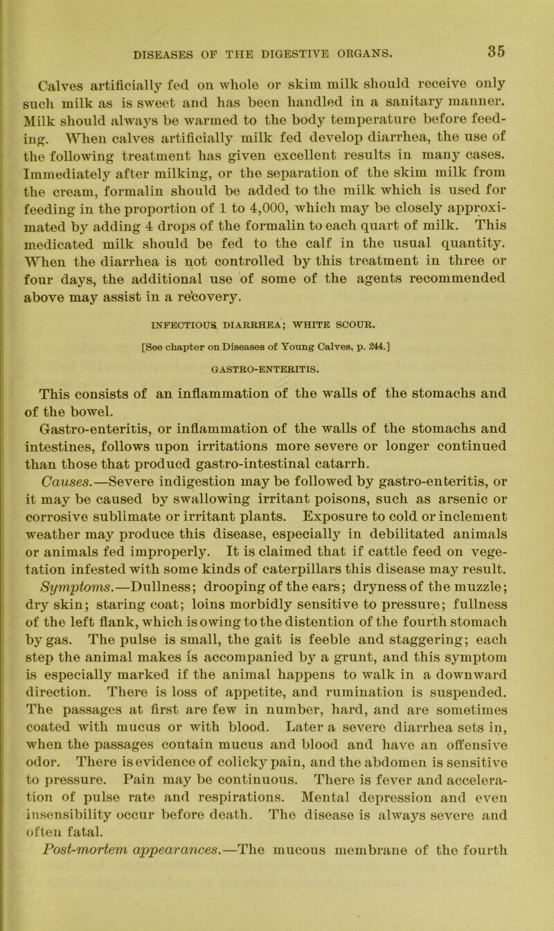 Calves artificially fed on whole or skim milk should receive only such milk as is sweet and has been handled in a sanitary manner. Milk should always he warmed to the body temperature before feed- ing. When calves artificially milk fed develop diarrhea, the use of the following treatment has given excellent results in many cases. Immediately after milking, or the separation of the skim milk from the cream, formalin should be added to the milk which is used for feeding in the proportion of 1 to 4,000, which may be closely approxi- mated by adding 4 drops of the formalin to each quart of milk. This medicated milk should be fed to the calf in the usual quantity. When the diarrhea is not controlled by this treatment in three or four days, the additional use of some of the agents recommended above may assist in a recovery. INFECTIOUS DIARRHEA; WHITE SCOUR. [See chapter on Diseases of Young Calves, p. 244.] GASTRO-ENTERITIS. This consists of an inflammation of the walls of the stomachs and of the bowel. Gastro-enteritis, or inflammation of the walls of the stomachs and intestines, follows upon irritations more severe or longer continued than those that producd gastro-intestinal catarrh. Causes.—Severe indigestion may be followed by gastro-enteritis, or it may be caused by swallowing irritant poisons, such as arsenic or corrosive sublimate or irritant plants. Exposure to cold or inclement weather may produce this disease, especially in debilitated animals or animals fed improperly. It is claimed that if cattle feed on vege- tation infested with some kinds of caterpillars this disease may result. Symptoms.—Dullness; drooping of the ears; dryness of the muzzle; dry skin; staring coat; loins morbidly sensitive to pressure; fullness of the left flank, which isowing to the distention of the fourth stomach by gas. The pulse is small, the gait is feeble and staggering; each step the animal makes is accompanied by a grunt, and this symptom is especially marked if the animal happens to walk in a downward direction. There is loss of appetite, and rumination is suspended. The passages at first are few in number, hard, and are sometimes coated with mucus or with blood. Later a severe diarrhea sets in, when the passages contain mucus and blood and have an offensive odor. There is evidence of colicky pain, and the abdomen is sensitive to pressure. Pain may be continuous. There is fever and accelera- tion of pulse rate and respirations. Mental depression and even insensibility occur before death. The disease is always severe and often fatal. Post-mortem appearances.—The mucous membrane of the fourth