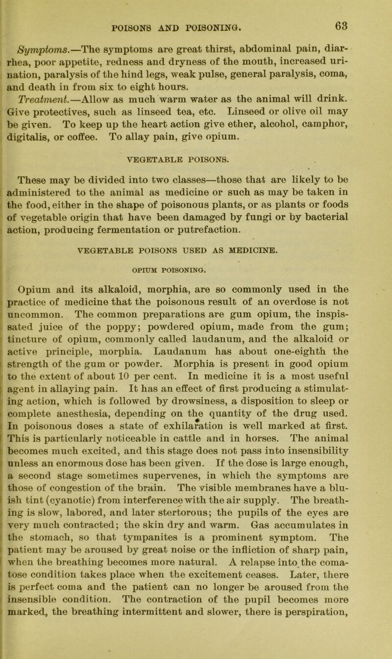 Symptoms.—The symptoms are great thirst, abdominal pain, diar- rhea, poor appetite, redness and dryness of the mouth, increased uri- nation, paralysis of the hind legs, weak pulse, general paralysis, coma, and death in from six to eight hours. Treatment.—Allow as much warm water as the animal will drink. Give protectives, such as linseed tea, etc. Linseed or olive oil may be given. To keep up the heart action give ether, alcohol, camphor, digitalis, or coffee. To allay pain, give opium. VEGETABLE POISONS. These may be divided into two classes—those that are likely to be administered to the animal as medicine or such as may be taken in the food, either in the shape of poisonous plants, or as plants or foods of vegetable origin that have been damaged by fungi or by bacterial action, producing fermentation or putrefaction. VEGETABLE POISONS USED AS MEDICINE. OPIUM POISONING. Opium and its alkaloid, morphia, are so commonly used in the practice of medicine that the poisonous result of an overdose is not uncommon. The common preparations are gum opium, the inspis- sated juice of the poppy; powdered opium, made from the gum; tincture of opium, commonly called laudanum, and the alkaloid or active principle, morphia. Laudanum has about one-eighth the strength of the gum or powder. Morphia is present in good opium to the extent of about 10 per cent. In medicine it is a most useful agent in allaying pain. It has an effect of first producing a stimulat- ing action, which is followed by drowsiness, a disposition to sleep or complete anesthesia, depending on the quantity of the drug used. In poisonous doses a state of exhilaration is well marked at first. This is particularly noticeable in cattle and in horses. The animal becomes much excited, and this stage does not pass into insensibility unless an enormous dose has been given. If the dose is large enough, a second stage sometimes supervenes, in which the symptoms are those of congestion of the brain. The visible membranes have a blu- ish tint (cyanotic) from interference with the air supply. The breath- ing is slow, labored, and later stertorous; the pupils of the eyes are very much contracted; the skin dry and warm. Gas accumulates in the stomach, so that tympanites is a prominent symptom. The patient may be aroused by great noise or the infliction of sharp pain, when the breathing becomes more natural. A relapse into the coma- tose condition takes place when the excitement ceases. Later, there is perfect coma and the patient can no longer be aroused from the insensible condition. The contraction of the pupil becomes more marked,, the breathing intermittent and slower, there is perspiration,