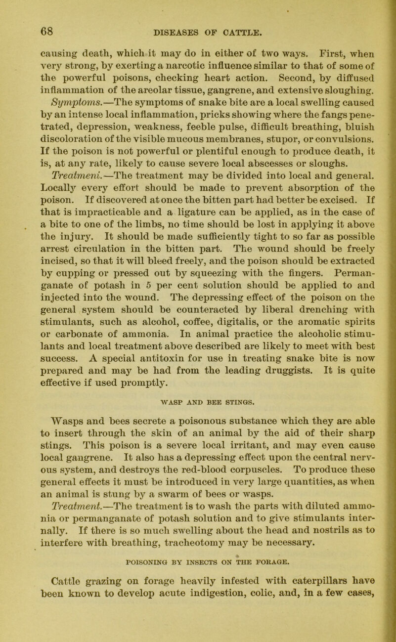 causing death, which it may do in either of two ways. First, when very strong, by exerting a narcotic influence similar to that of some of the powerful poisons, checking heart action. Second, by diffused inflammation of the areolar tissue, gangrene, and extensive sloughing. Symptoms.—The symptoms of snake bite are a local swelling caused by an intense local inflammation, pricks showing where the fangs pene- trated, depression, weakness, feeble pulse, difficult breathing, bluish discoloration of the visible mucous membranes, stupor, or convulsions. If the poison is not powerful or plentiful enough to produce death, it is, at any rate, likely to cause severe local abscesses or sloughs. Treatment. —The treatment may be divided into local and general. Locally every effort should be made to prevent absorption of the poison. If discovered at once the bitten part had better be excised. If that is impracticable and a ligature can be applied, as in the case of a bite to one of the limbs, no time should be lost in applying it above the injury. It should be made sufficiently tight to so far as possible arrest circulation in the bitten part. The wound should be freely incised, so that it will bleed freely, and the poison should be extracted by cupping or pressed out by squeezing with the fingers. Perman- ganate of potash in 5 per cent solution should be applied to and injected into the wound. The depressing effect of the poison on the general system should be counteracted by liberal drenching with stimulants, such as alcohol, coffee, digitalis, or the aromatic spirits or carbonate of ammonia. In animal practice the alcoholic stimu- lants and local treatment above described are likely to meet with best success. A special antitoxin for use in treating snake bite is now prepared and may be had from the leading druggists. It is quite effective if used promptly. WASP AND BEE STINGS. Wasps and bees secrete a poisonous substance which they are able to insert through the skin of an animal by the aid of their sharp stings. This poison is a severe local irritant, and may even cause local gangrene. It also has a depressing effect upon the central nerv- ous system, and destroys the red-blood corpuscles. To produce these general effects it must be introduced in very large quantities, as when an animal is stung by a swarm of bees or wasps. Treatment.—The treatment is to wash the parts with diluted ammo- nia or permanganate of potash solution and to give stimulants inter- nally. If there is so much swelling about the head and nostrils as to interfere with breathing, tracheotomy may be necessary. POISONING BY INSECTS ON THE FORAGE. Cattle grazing on forage heavily infested with caterpillars have been known to develop acute indigestion, colic, and, in a few cases,
