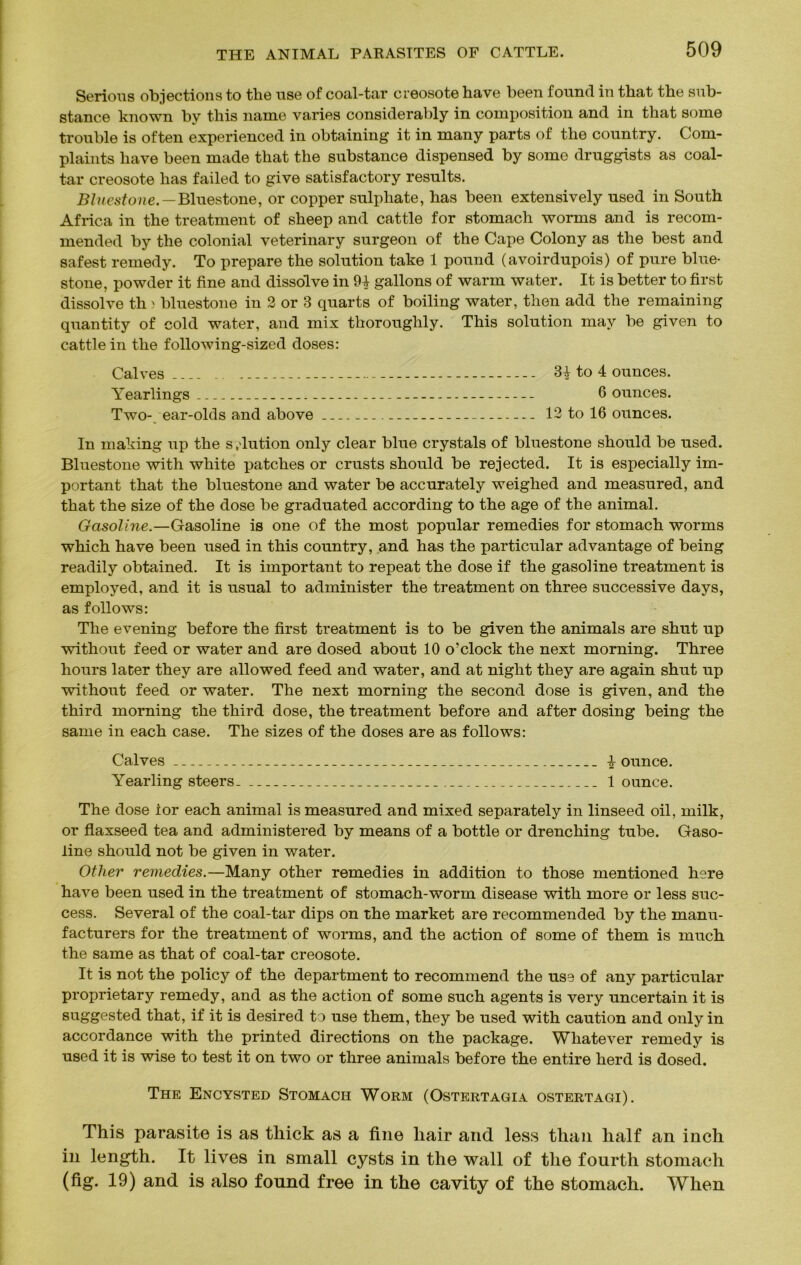 Serious objections to tlie use of coal-tar creosote have been found in that the sub- stance known by this name varies considerably in composition and in that some trouble is often experienced in obtaining it in many parts of the country. Com- plaints have been made that the substance dispensed by some druggists as coal- tar creosote has failed to give satisfactory results. Bluestone. — Bluestone, or copper sulphate, has been extensively used in South Africa in the treatment of sheep and cattle for stomach worms and is recom- mended by the colonial veterinary surgeon of the Cape Colony as the best and safest remedy. To prepare the solution take 1 pound (avoirdupois) of pure blue- stone, powder it fine and dissolve in gallons of warm water. It is better to first dissolve th > bluestone in 2 or 3 quarts of boiling water, then add the remaining quantity of cold water, and mix thoroughly. This solution may be given to cattle in the following-sized doses: Calves 3-1 to 4 ounces. Yearlings 6 ounces. Two- ear-olds and above ... 12 to 16 ounces. In making up the s ,'lution only clear blue crystals of bluestone should be used. Bluestone with white patches or crusts should be rejected. It is especially im- portant that the bluestone and water be accurately weighed and measured, and that the size of the dose be graduated according to the age of the animal. Gasoline.—Gasoline is one of the most popular remedies for stomach worms which have been used in this country, and has the particular advantage of being readily obtained. It is important to repeat the dose if the gasoline treatment is employed, and it is usual to administer the treatment on three successive days, as follows: The evening before the first treatment is to be given the animals are shut up without feed or water and are dosed about 10 o’clock the next morning. Three hours later they are allowed feed and water, and at night they are again shut up without feed or water. The next morning the second dose is given, and the third morning the third dose, the treatment before and after dosing being the same in each case. The sizes of the doses are as follows: Calves \ ounce. Yearling steers 1 ounce. The dose for each animal is measured and mixed separately in linseed oil, milk, or flaxseed tea and administered by means of a bottle or drenching tube. Gaso- line should not be given in water. Other remedies.—Many other remedies in addition to those mentioned here have been used in the treatment of stomach-worm disease with more or less suc- cess. Several of the coal-tar dips on the market are recommended by the manu- facturers for the treatment of worms, and the action of some of them is much the same as that of coal-tar creosote. It is not the policy of the department to recommend the use of any particular proprietary remedy, and as the action of some such agents is very uncertain it is suggested that, if it is desired to use them, they be used with caution and only in accordance with the printed directions on the package. Whatever remedy is used it is wise to test it on two or three animals before the entire herd is dosed. The Encysted Stomach Worm (Ostertagia ostertagi). This parasite is as thick as a fine hair and less than half an inch in length. It lives in small cysts in the wall of the fourth stomach (fig. 19) and is also found free in the cavity of the stomach. When