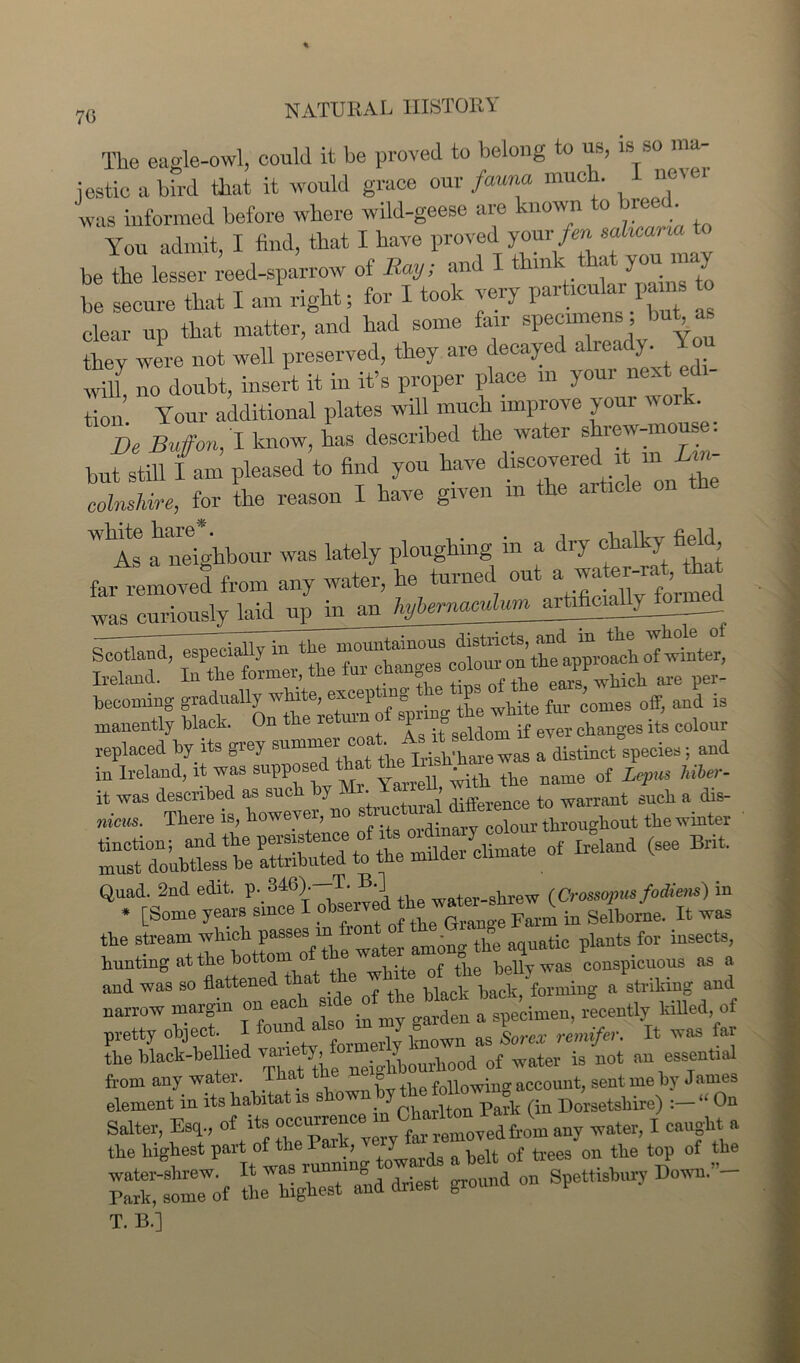 The eagle-owl, could it be proved to belong to us, is so ma- jestic a bird that it would grace our fauna much. ne'el was informed before where wild-geese are known to breed. You admit, I find, that I have proved your fen sahcana to be the lesser ^eed-sparrow of Bay; and X think that you may be secure that I am right; for I took very parUcukr pams to clear up that matter, and had some fan specimens , bub a they were not well preserved, they are decayed already. U no doubt, insert it in it’s proper place m your next edi- tion. Your additional plates will much improve your work. De Buff on, 1 know, has described the water shrew-mous bufstin I am Pleased to find you have discovered it m ^- colnshire, for the reason I have given m the article on W*As a1neighbour was lately ploughing in a dry chalky field far removed from any water, he turned out a,formed was curiously laid up in an hybernaculum artificudlyton_ becoming gradually white, ^ to coles otTandls manently black. On the return of chftnges its col„ur replaced by its grey ““XthTthe L-iXre was a distinct species; and in Ireland, it was supposed that thelushM q{ M6cr. - - <- - Quad 2nd edit. p. 346). T. B.] wate>ahiew ^ossopus fodimf m * [borne years since 1 obs G Farm in Selborne. It was the stream which passes in fron ^ - aquatic plants for insects, hunting at the bottom o te waer ^ hellv was conspicuous as a and was so flattened that the white of the^ e „4 narrow margin %££«£££ ^men, “ecently killed of pretty object. I found ‘ J S as Sorex remifer. It was far the black-bellied variety^“ei Aourtood of water is not an essential from any water. That the ne 0 fUi account, sent me by James element in its habitat rs sbownby the fdlowrn^ « 0n Salter, Esq., of its °°° p^very far amoved from any water, I caught a tbe highest °^e^g towards a belt of trees on the top of the CtTtf tlnT highest aL driest ground on Spettishury Down. - T. B.]