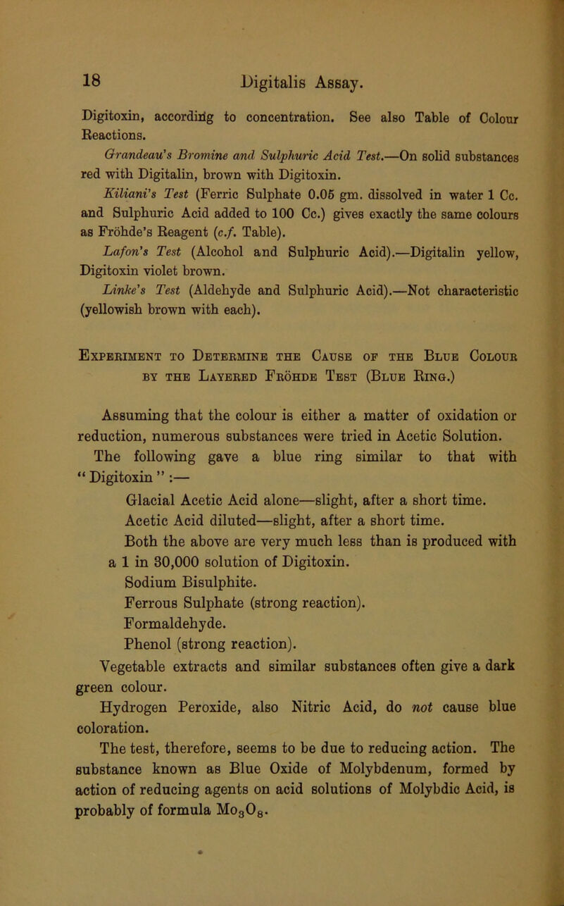 Digitoxin, accordirlg to concentration. See also Table of Colour Reactions. Qrandeau's Bromine and Sulphunc Acid Test.—On solid substances red with Digitalin, brown with Digitoxin. KilianVs Test (Ferric Sulphate 0.06 gm. dissolved in water 1 Cc. and Sulphuric Acid added to 100 Cc.) gives exactly the same colours as Frohde’s Reagent (c./. Table). Lafon’s Test (Alcohol and Sulphuric Acid).—Digitalin yellow, Digitoxin violet brown. Linke’s Test (Aldehyde and Sulphuric Acid).—Not characteristic (yellowish brown with each). Expbeiment to Determine the Cause of the Blue Colour BY THE Layered Frohde Test (Blue Bing.) Assuming that the colour is either a matter of oxidation or reduction, numerous substances were tried in Acetic Solution. The following gave a blue ring similar to that with “ Digitoxin ” :— Glacial Acetic Acid alone—slight, after a short time. Acetic Acid diluted—slight, after a short time. Both the above are very much less than is produced with a 1 in 30,000 solution of Digitoxin. Sodium Bisulphite. Ferrous Sulphate (strong reaction). Formaldehyde. Phenol (strong reaction). Vegetable extracts and similar substances often give a dark green colour. Hydrogen Peroxide, also Nitric Acid, do not cause blue coloration. The test, therefore, seems to be due to reducing action. The substance known as Blue Oxide of Molybdenum, formed by action of reducing agents on acid solutions of Molybdic Acid, is probably of formula MogOg.