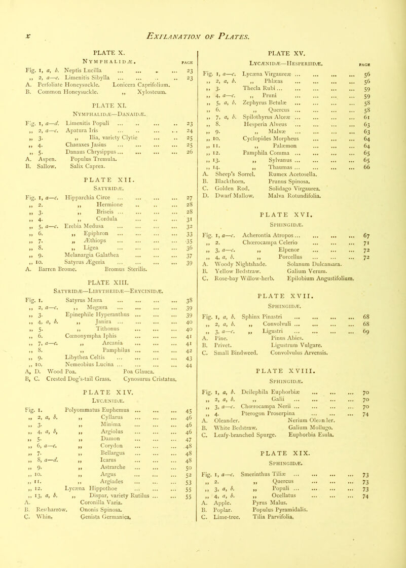 PLATE X. NYMPHALIDiTi. Fig. I, a, b. Neptis Lucilla ,, 2, a—e. Limenitis Sibylla A. Perfoliate Honeysuckle. Lonicera Caprifolium. B. Common Honeysuckle. ,, Xylosteum. PLATE XI. Nymphalid.e—Danaii)./E. , I, a—d. Limenitis Populi 2. a—c. Apatura Iris 3. „ Ilia, variety Clylie 4. Charaxes Jasius 5. Danaus Chrysippus... Aspen. Populus Tremula. Sallow, Salix Caprea. Fiy A. B. Fig. I, a—c. ,, 2, »> 3- >> 4- „ 5, a—c. „ 6. .. 7- » 8. .. 9- ,, 10. A. Barren Broine. PLATE XII. SaTYRID/E. Hipparchia Circe ,, Hermione ,, Briseis ... ,, Cordula Erebia Medusa ,, Epiphron „ iEthiops „ Ligea Melanargia Galathea Satyrus yEgeria Bromus Sterilis. PLATE XHI. PLATE XV. PACE LYCiENIDiE—IlESPERIIDiE. PAGE 23 Fig I, a—r. Lycrena Virgaureae ... ... 56 23 ) ) 2, a, b. ,, Phlreas ... 56 9 » 3- Theda Rubi... ... 59 4. a—c. ,, Pruni ... 59 it 5. a, b. Zephyrus Betulae ... 58 6. ,, Quercus ... ... 58 7. Spilothynis Alceae ... ... 61 23 91 8. Hesperia Alveus ... 63 24 >9 9- ,, Malvte ... 63 25 99 10. Cyclopides Morpheus ... 64 25 99 II. ,, Palwmon 64 26 99 12. Pamphila Comma ... ... 6s 9 9 •3- ,, Sylvanus ... ... 65 9 9 14. ,, Thaumas ... ... 66 A. Sheep’s Sorrel. Rumex Acetosella. B. Blackthorn. Primus Spinosa. C. Golden Rod. Solidago Virgaurea. 27 D. Dwarf Mallow. Malva Rolundifolia. 28 28 PLATE XVI. 31 32 SpIIINGID/E. 33 Fig I, a—r. Acherontia Atropos ... 67 •35 9 9 2. Chocrocampa Celerio ... 71 36 99 3, ,, Elpenor ... 72 37 99 4. ,, Porcellus ... 72 39 A. Woody Nightshade. Solanum Dulcaniara. B. Yellow Bedstraw. C. Rose-bay Willow-herb. Galium Verum. Epilobium Angustifolium. S ATY RI D/E—Li n YTH E I DiE—E RYCINI D/E. Fig. I. Satyrus Maera ... 38 ,, 2, a—r. ,, Megxra ... 39 99 3- Epinephile Hyperanthus ... 39 ,, 4, a, b. ,, Janira ... 40 .. 5- ,, Tithonus ... 40 „ 6. Coenonympha Iphis 41 M 7. f. ,, Arcania ... 41 M 8. „ Pamphilus ... 42 .. 9- Libythea Cellis 43 „ 10. Nemeobius Lucina ... ... 44 A, D. Wood Poa. Poa Glauca. B, C. Crested Dog’s-tail Grass. Cynosurus Cristatus. PLATE XIV, LYCiENID/E. Fig. I. Polyommatus Euphemus ... ... 45 ,, 2, a, b. ,, Cyllarus ... 46 „ 3- ,, Minima ... 46 .» 4. ,, Argiolus 46 99 5* ,, Damon ... 47 „ 6, a—r. ,, Corydon 48 7- ,, Bellargus 48 >1 8, a—d. ,, Icarus 48 9. ,, Astrarche 50 .. to. „ Argus ... 52 „ II. ,, Argiades 53 „ 12. Lyctena Hippothoe 55 „ 13. b. ,, Dispar, variety Rutilus ... 55 A. Coronilla Varia. B. ResiharrOw. Ononis Spinosa. C. Whin, Genista Germanic^ PLATE XVII. SPHINGIDA!. Fig. I, a, b. Sphinx Pinastri ... ... 68 9 9 2, a, b. „ Convolvuli ... 68 99 3. <»—<■• .. Ligustri ... 69 A. Pine. Pinus Abies. B. Privet. Ligustrum Vulgare. C. Small Bindweerl. Convolvulus Arvensis. PLATE XVIII. SI-IIINGID.E. I, a, b. Deilephila Euphorbia: ... 70 2, a, b. ,, Galii ... 70 3. a—c. Choerocampa Nerii ... 70 4- Pterogon Proserpina ... 74 Oleander. Nerium Olean ler. B. White Bedstraw. Galium Mollugo. C, Leafy-branched Spurge. Euphorbia Esula. PLATE XIX. SpHINGID/E. Fig. I, a—c. Smerinthus Tilite ••• 73 » 2. ,, Quercus - 73 >> 3. „ Populi ... 73 » 4. a. b. ,, Ocellatus ... 74 A. Apple. Pyrus Malus. B. Poplar. Populus Pyramidalis. C. Lime-tree. Tilia Parvifolia,