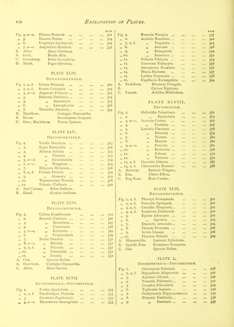 PAGE Fig. 4, a—c. Himera Pennaria ... 3°i a 5- Macaria Notata ... 304 >> 6. Urapteryx Sambucaria ... 305 y 7. a—c. Amphidasis Betularia ••• 332 A. Alder. Almis Glutinosa. B. Birch. Betula Alba. C. Gooseberry. Ribes Grossularia. D. Beech. Fagus Sylvatica. PLATE XLIV. Dendrometrid.®. Fig. I, a, b. Selenia Bilunaria ... 300 yy 2, (7, b. Rumia Crataegata ... 305 yy 3, a—d. Angerona Pninaria ... ... 305 yy 4- Hibernia Defoliaria... ... 315 yy 5- ,, Aurantiaria ... 3'5 y 6. „ Leucophaearia ... 3«6 y 7- Timandra Amataria... ••• 354 A. Hawthorn. Crataegus Oxyacantha. B. Broom. Sarothamnus Scoparia. C. Sloe ; Blackthorn. Prunus Spinosa. PLATE XLV. Dendrometridve. Fig. I. Venilia .Macularia ... 303 >> 2. Bapta Bimaculata ... 312 .. 3. Abraxas Sylvata 313 .> 4. ,, Pantaria 313 „ 5, a—d. ,, Grossulariata 314 „ 6, a—c. ,, Marginata ... 314 „ 7. Rhyparia Melanaria... 316 ,, 8, a, b. Fidonia Piniaria 319 „ 9. ,, Atomaria ... 319 „ 10. Thamnonoma Wavaria 318 II. Fidonia Clathrata ... 320 A. Red Currant. Ribes Rubrum. B. HazeL Corylus Avellana. PLATE XLVI. Dendrometridze. Fig. I. Cabera Exanthemata 312 ,, 2. Boarmia Cinctaria ... 326 yy 3' ,, Secundaria... 327 » 4- ,, Consortaria 328 „ S, a—c. ,, Roboraria ... 329 „ 6. ,, Crepuscularia 329 .. 7- Biston Strataria 331 ,, 8, a—c. ,, Hirtaria 331 „ 9, a, b. ,, Pilosaria 331 „ 10. ,, Pomonaria ... 331 „ II. ,, Zonaria 332 A. Oak. Quercus Robur. B. Hawthorn. Crataegus Oxyacantha. C. Alder. Alnus Incana. PLATE XLVH. DENDROMETRID.E—Phytometridze. I'ig. I. Psodos Quadrifaria ... 333 „ 2, a, b. Pseudoterpna Pruinata 335 „ 3- Geometra Papilionaria 335 „ 4, a c. Phorodesma Smaragdaria ... ... ... 335 Fig. S- Nemoria Vernaria ... - 337 „ 6. Acidalia Humiliata ... ... 342 „ 7, a, b. ,, Virgularia ... -- 343 „ 8. ,, Aversata ... ... 348 M 9. ,, Emarginata ... 349 » 10. ,, Immutata ... ... 352 „ II. Pellonia Vibicaria ... ... 354 „ 12. Zonosoma Trilinearia ... 356 13- Anisopteryx Aiscularia ... 357 .. 14. Minoa Murinata ... 357 ,, 15. Lythria Purpuraria ... ... 358 „ 16. Eupithecia Rectangulata ... • •• ... 394 A. Buckthorn. Rhamnus Frangula. B. Cytisus Nigricans. C. Yarrow. Achillea Millefolium. Fig. I. PLATE XLVIII. PlIYTOMETRIDZE. Ortholitha Palumbaria ... 362 ,, 2. ,, Bipunctaria ... ... 363 .. 3. a—c. Scotosia Certata ... 367 .. 4- „ Undulata ... ... 367 .. 5- Larentia FUctuata ... ... 378 „ 6. ,, Bilineata ... 379 „ 7- ,, Tristata ... 380 M 8. ,, Hastata ... ... 380 ,, 9, a—c. ,, Derivata ... 381 „ 10. ,, Berberata ... ... 376 M II- ,, F'ulvata ... 370 » 12. ,, Viridaria ... ... 372 13. Oporabia Dilutata ... ... 387 ,, 14, a, b. Cheimatobia Brumata ... ... 388 A. Barberry. Berberis Vulgaris. B. Elm. Ulmus EfTusa. C. Dog Rose. Rosa Canina. PLATE XLIX. DENDROMETRIDiE. Fig. I, a, b. Therapis Evonymaria ... 301 ,, 2, a, b. Pericallia Syringaria ... 301 » 3. Crocallis Elinguaria ... 302 >> 4. a, b. Eurymene Dolabraria ... 302 .. 5- Epione Advenaria ... ... 302 „ 6. ,, Apiciaria ... 303 ,, 7- Diastictis Artesiaria ... ... 304 „ 8. Ploseria Diversata ... ... 306 .. 9- Scoria Lineata ... 306 ,, 10. Phasiane Petraria ... 309 A. B. C Honeysuckle. Spindle Tree. Oak. Lonicera Xylosteum. Evonymus Europaeus, Quercus Robur. PLATE L. DENDROMETRID.E—PhYTOMETRID/E. Fig. I. Odontopera Bidentata ... 298 „ 2, a, b. Hypoplectis Adspersaria ... 306 »> 3- Aspilates Gilvaria ... 307 4. Numeria Pulveraria ... 311 5- Gnophos Dilucidaria ... 323 „ 6. Tephronia Sepiaria ... ... 330 ,, 7. Pachycnemia Hippocastanaria ... 330 „ 8. Nemoria Fimbrialis ... 336 .. 9- „ Porrinata ... ... ... ... 337