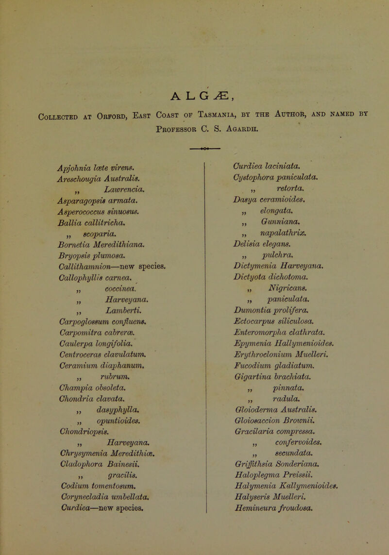 A L G Collected at Orpobd, East Coast op Tasmania, by the Author, and named by Propessor C. S. Aqardh. Ajyohnia loete virens. Areschougia Australia. „ Lawrenda. Asparagopsia armata. Aaperococcus ainuoaus. Ballia callitricha. „ acoparia. Bometia Meredithiana. Bryopais plumosa. Callithamnion—new species. Callophyllis camea. „ cocdnea. „ Harveyana. ,, Lamherti. Carpoglosaum confluena. Carpomitra cabrerce. Caulerpa longifolia. Centroceras clavulaium. Ceramtum diaphanum, ,, rubrum, Cbampia obsoleta. Chondria clavata. „ daayphylla. „ opuntioidea. Chondriopsis. „ Harveyana. Chrysymenia Meredithice. Cladophora Bainesii. ,, gradlia. Codium tomentoaiim. Gorynedadia umbellata. Curdiea—new species. Curdiea ladniata. Cyatophora paniculata. „ retorta. Daaya eeramioides. „ elongata. ,, Ounniana. „ napalathnx. Delisia elegana. „ puldira. Dictymenia Harveyana. Dictyota dichotoma. „ Nigricans. „ paniculata. Dumontia prolifera. Ectocarpua siliculosa. Enteromorpha clathrata. Epymenia Hallymenioidea. Erythroclonium Muelleri. Fucodium gladiatum. Gigartina brachiata. „ pinnata. „ radula. Oloioderma Aicstralia. Gloioaaccion Brmonii. Gracilaria compressa. „ confervoides. „ aecundata. GriffiiTiaia Sonderiana. Haloplegma Preissii. Halymenia Kallymenioidea. Halyseris Muelleri. Hemineura froudosa.
