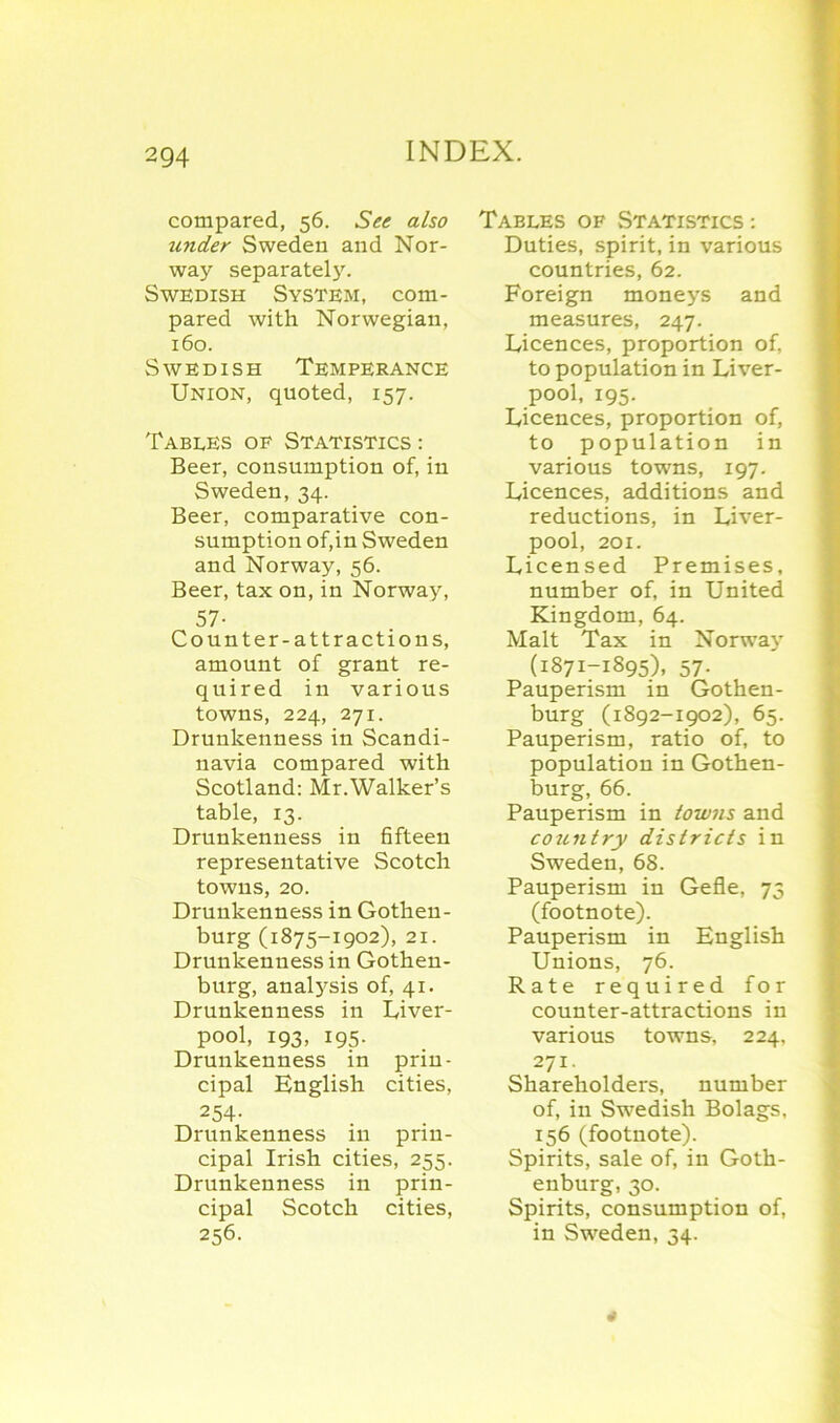 compared, 56. See also under Sweden and Nor- way separatel}r. Swedish System, com- pared with Norwegian, 160. Swedish Temperance Union, quoted, 157. Tables of Statistics : Beer, consumption of, in Sweden, 34. Beer, comparative con- sumption of,in Sweden and Norway, 56. Beer, tax on, in Norway, 57- Counter-attractions, amount of grant re- quired in various towns, 224, 271. Drunkenness in Scandi- navia compared with Scotland: Mr.Walker’s table, 13. Drunkenness in fifteen representative Scotch towns, 20. Drunkenness in Gothen- burg (1875-1902), 21. Drunkenness in Gothen- burg, anatysis of, 41. Drunkenness in Liver- pool, 193, 195. Drunkenness in prin- cipal English cities, 254- Drunkenness in prin- cipal Irish cities, 255. Drunkenness in prin- cipal Scotch cities, 256. Tables of Statistics : Duties, spirit, in various countries, 62. Foreign moneys and measures, 247. Licences, proportion of, to population in Liver- pool, 195. Licences, proportion of, to population in various towns, 197. Licences, additions and reductions, in Liver- pool, 201. Licensed Premises, number of, in United Kingdom, 64. Malt Tax in Norway (1871-1895), 57. Pauperism in Gothen- burg (1892-1902), 65. Pauperism, ratio of, to population in Gothen- burg, 66. Pauperism in towns and country districts in Sweden, 68. Pauperism in Gefle, 73 (footnote). Pauperism in English Unions, 76. Rate required for counter-attractions in various towns, 224, 271- Shareholders, number of, in Swedish Bolags, 156 (footnote). Spirits, sale of, in Goth- enburg, 30. Spirits, consumption of, in Sweden, 34.